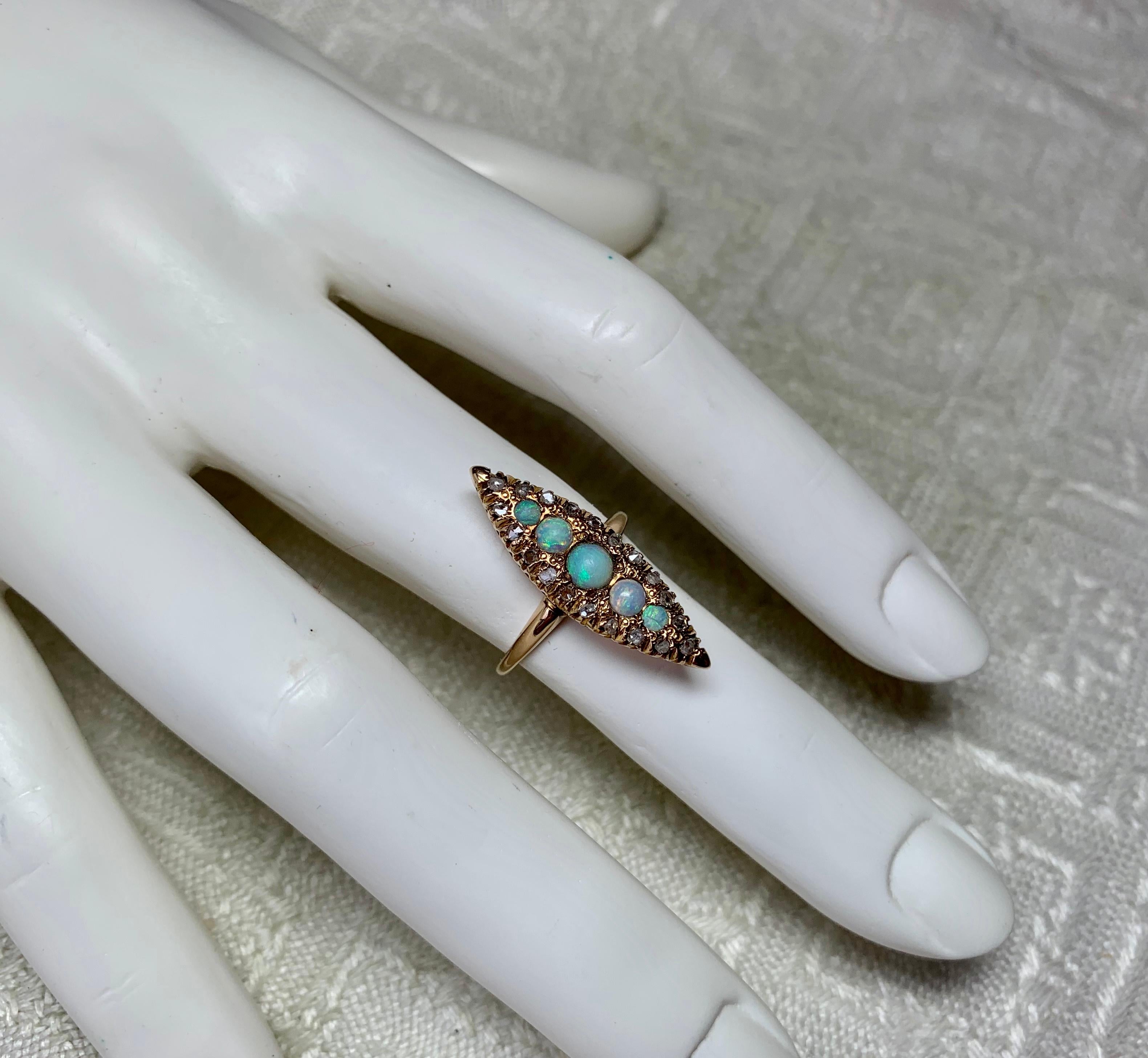 Victorian Opal Rose Cut Diamond Ring Marquise Gold Antique Wedding Engagement In Fair Condition In New York, NY