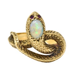 Antique Victorian Opal Ruby 14 Karat Gold Snake Band Ring