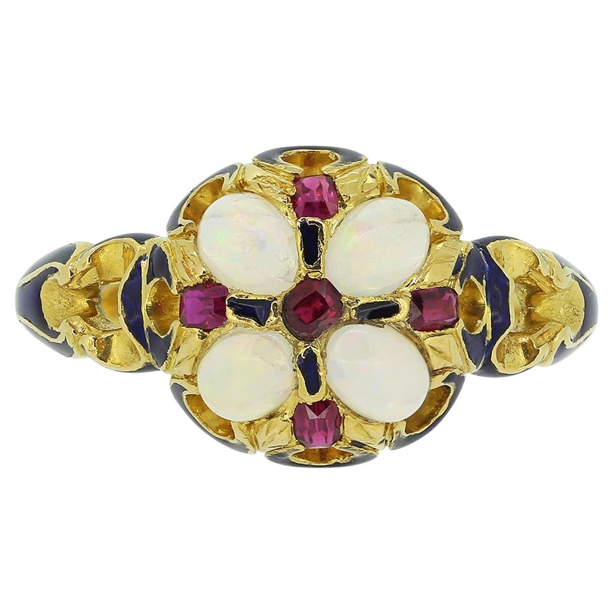 Victorian Opal Ruby and Enamel Ring