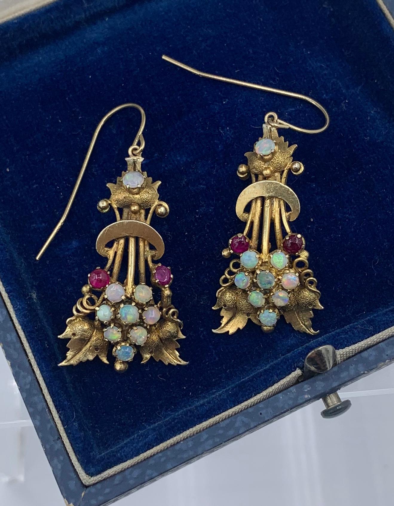 Cabochon Victorian Opal Ruby Dangle Drop Earrings Etruscan Revival 14 Karat Gold