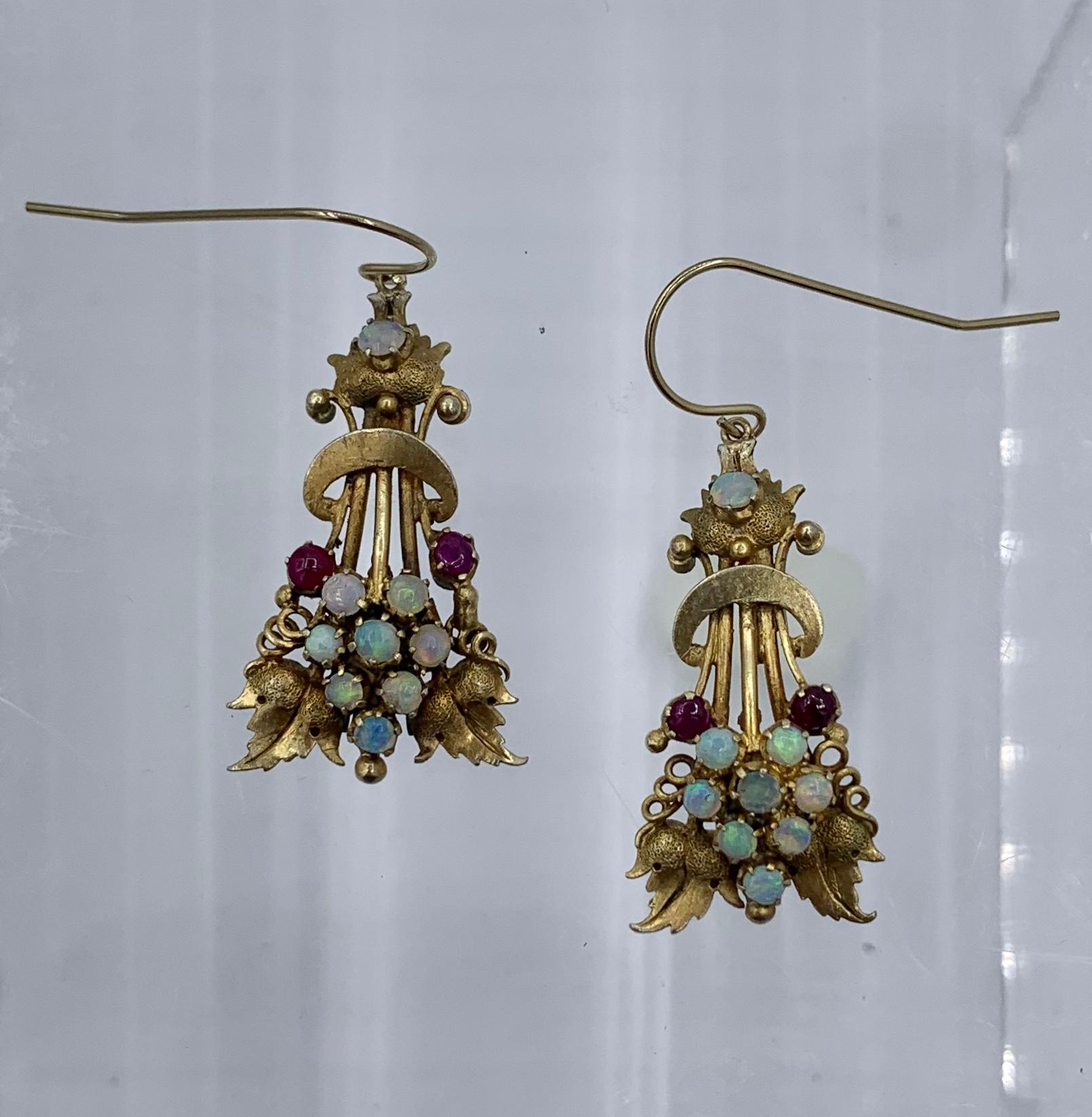 Victorian Opal Ruby Dangle Drop Earrings Etruscan Revival 14 Karat Gold In Good Condition In New York, NY