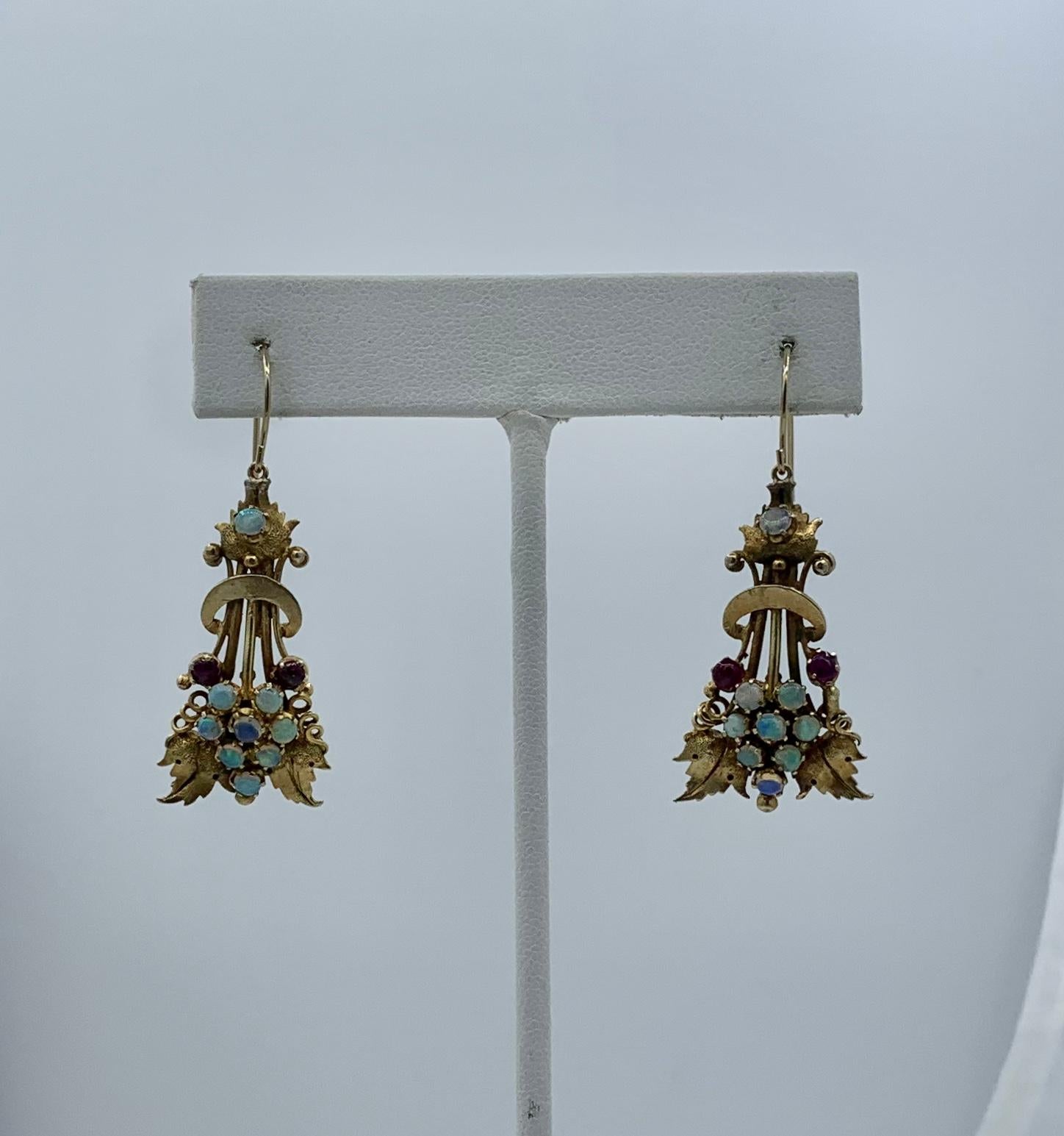 Women's Victorian Opal Ruby Dangle Drop Earrings Etruscan Revival 14 Karat Gold