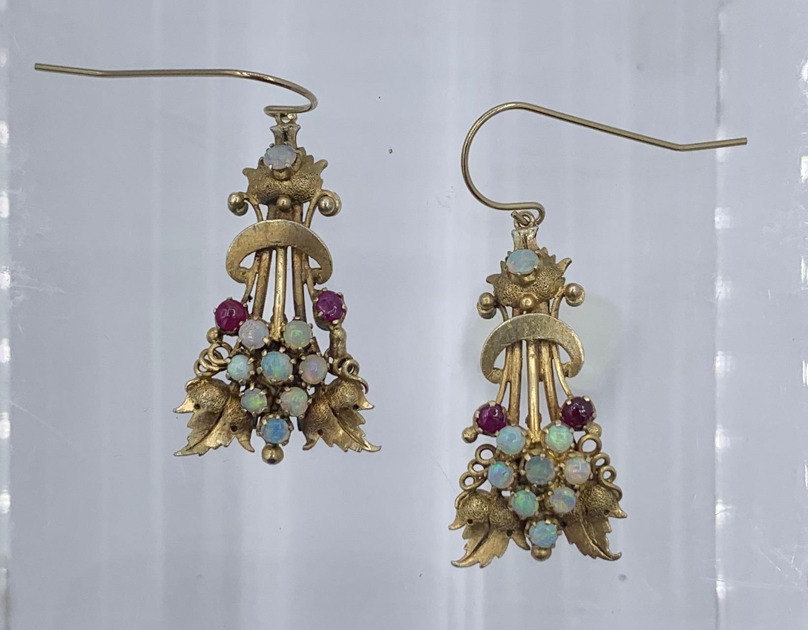 Victorian Opal Ruby Dangle Drop Earrings Etruscan Revival 14 Karat Gold 1