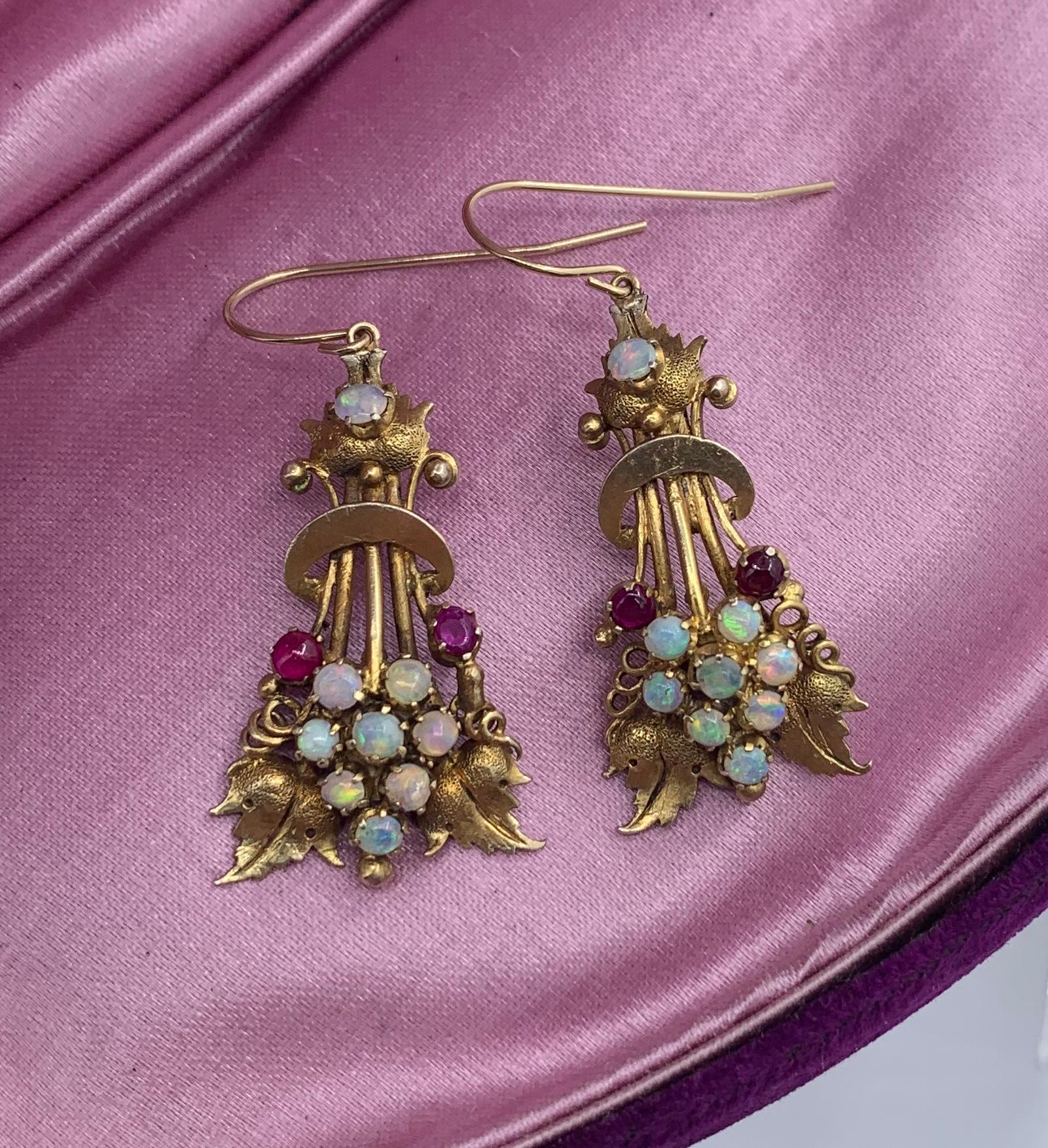 Victorian Opal Ruby Dangle Drop Earrings Etruscan Revival 14 Karat Gold 2