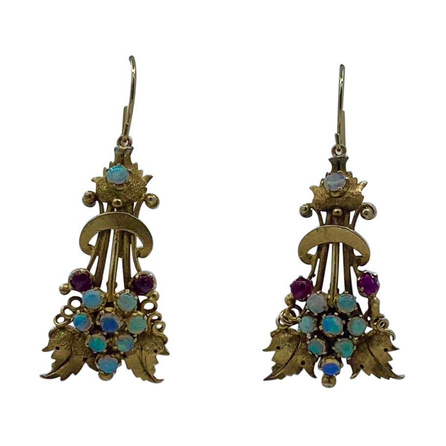 Victorian Opal Ruby Dangle Drop Earrings Etruscan Revival 14 Karat Gold