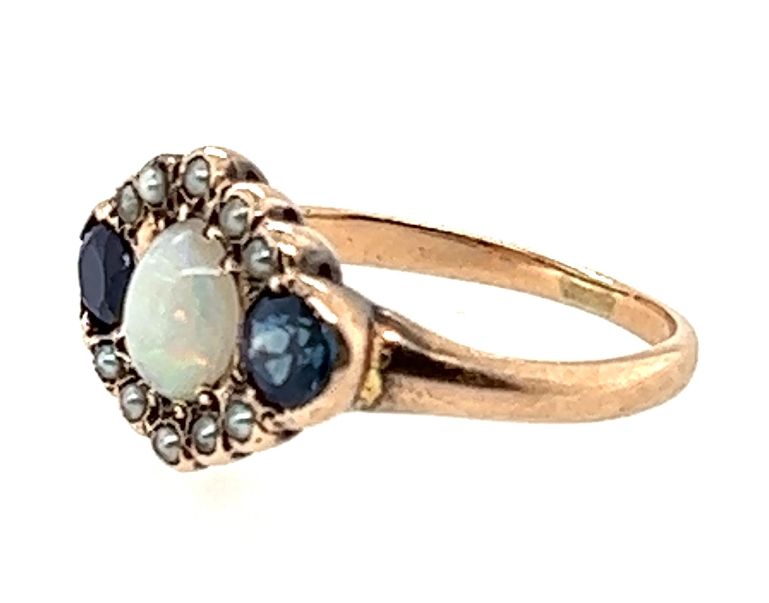 Cabochon Victorian Opal Sapphire Seed Pearl .60ct Cocktail Ring 14k Antique Original 1880