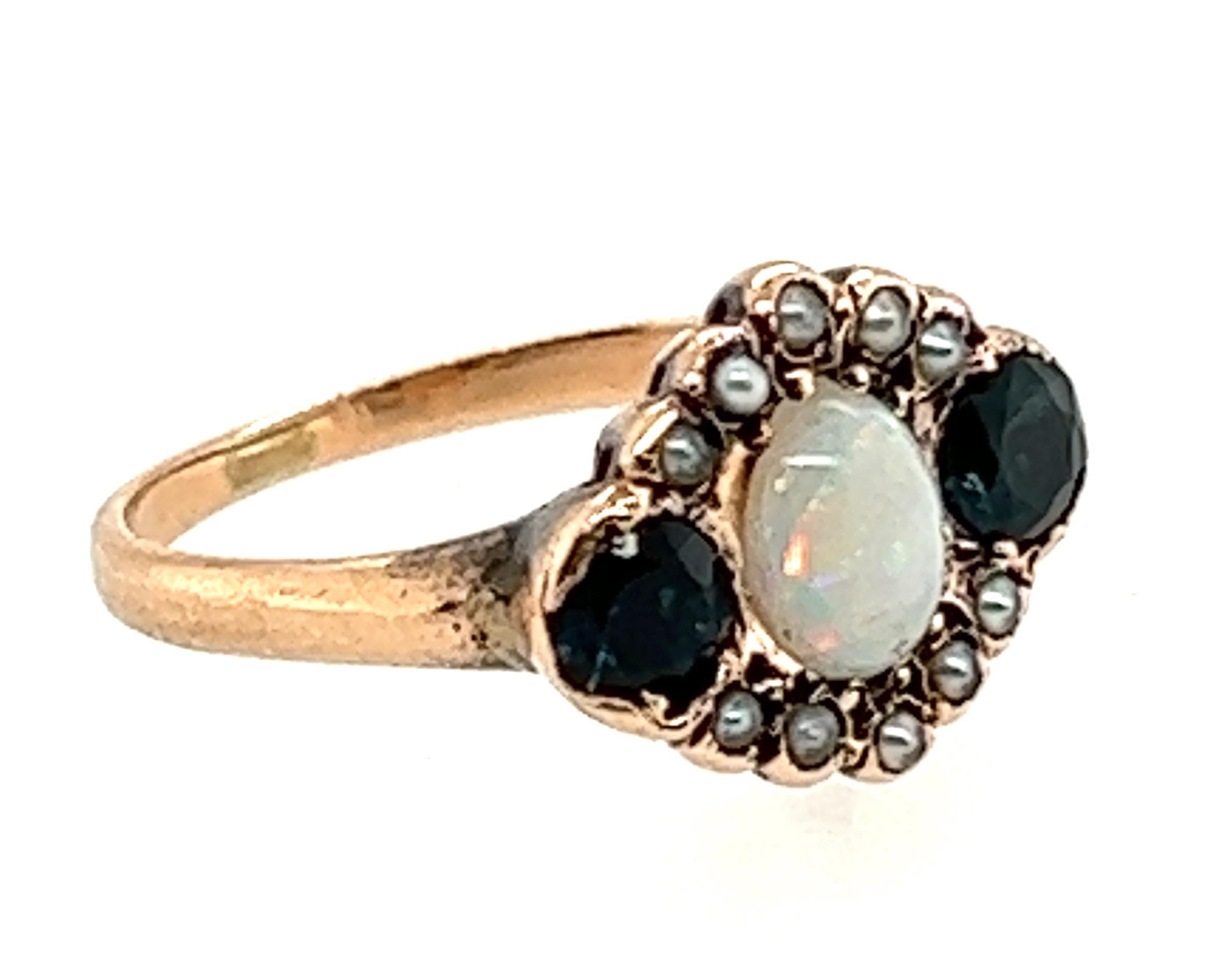 Victorian Opal Sapphire Seed Pearl .60ct Cocktail Ring 14k Antique Original 1880 In Excellent Condition In Dearborn, MI
