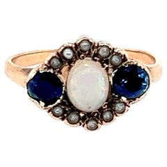 Victorian Opal Sapphire Seed Pearl .60ct Cocktail Ring 14k Antique Original 1880
