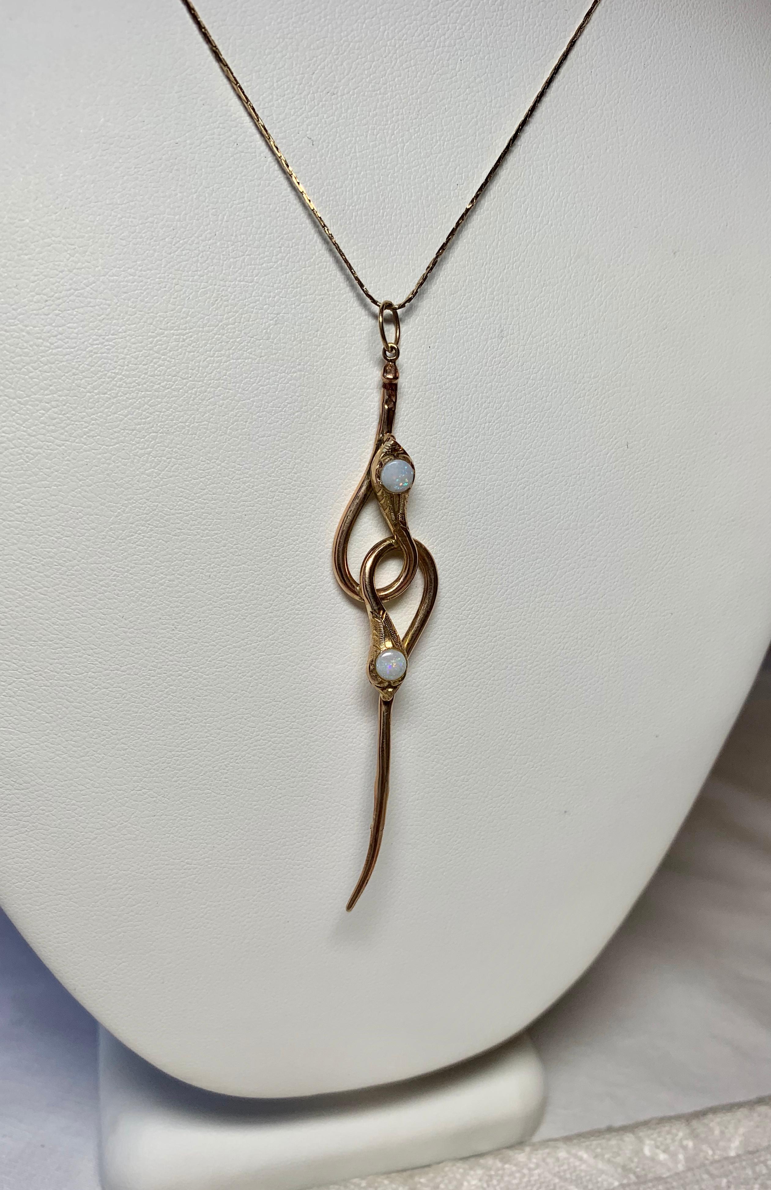 Victorian Opal Snake Pendant Necklace Long Antique Gold 1800s Rare In Good Condition For Sale In New York, NY