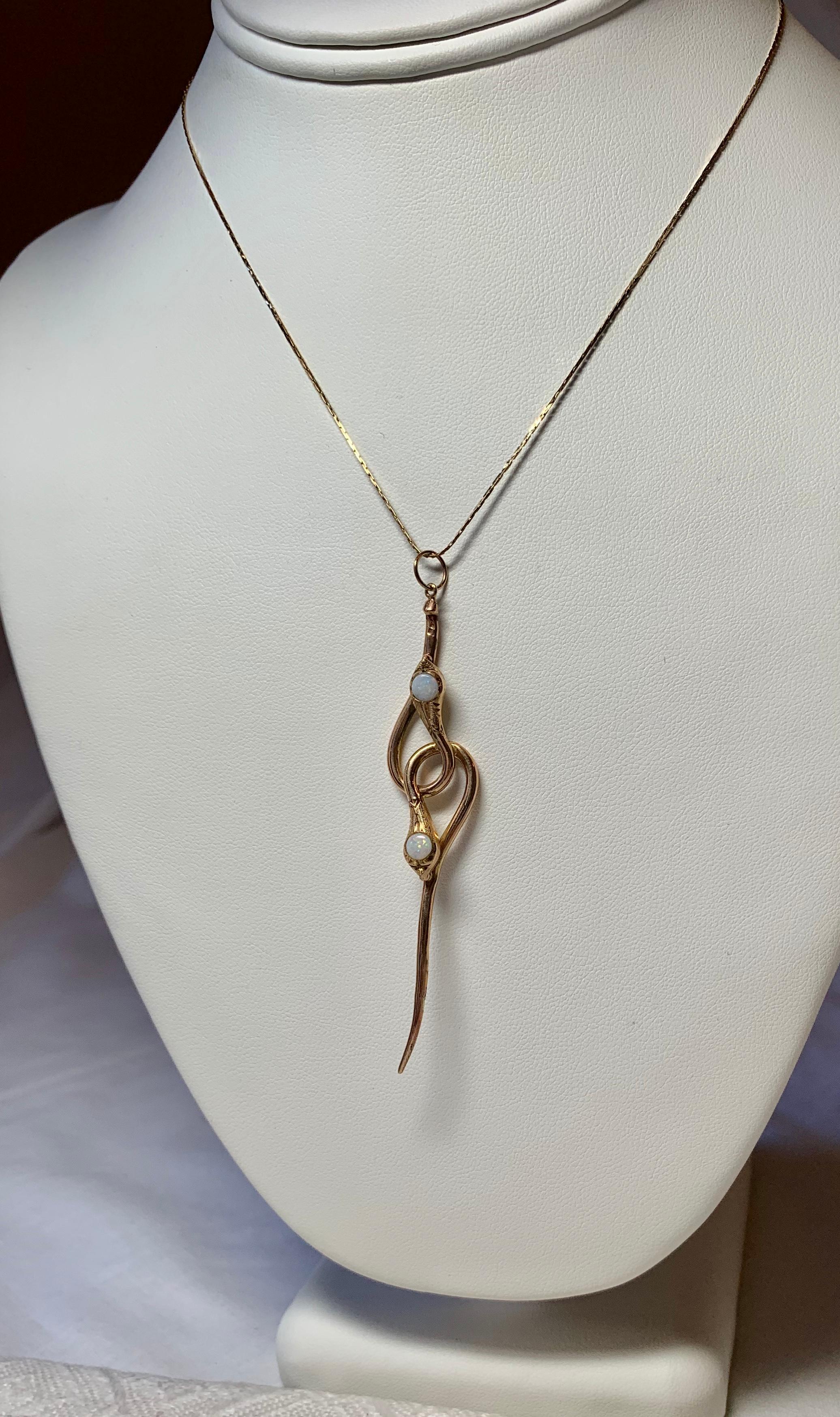 Victorian Opal Snake Pendant Necklace Long Antique Gold 1800s Rare In Good Condition For Sale In New York, NY