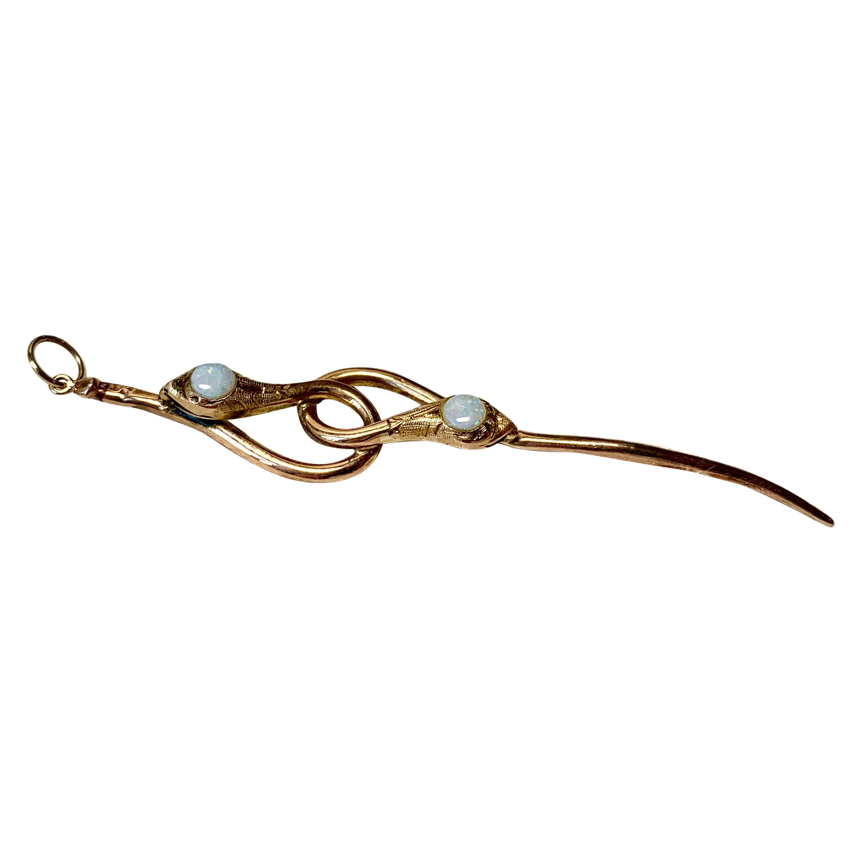 Long collier pendentif serpent victorien rare en or ancien avec opale, années 1800