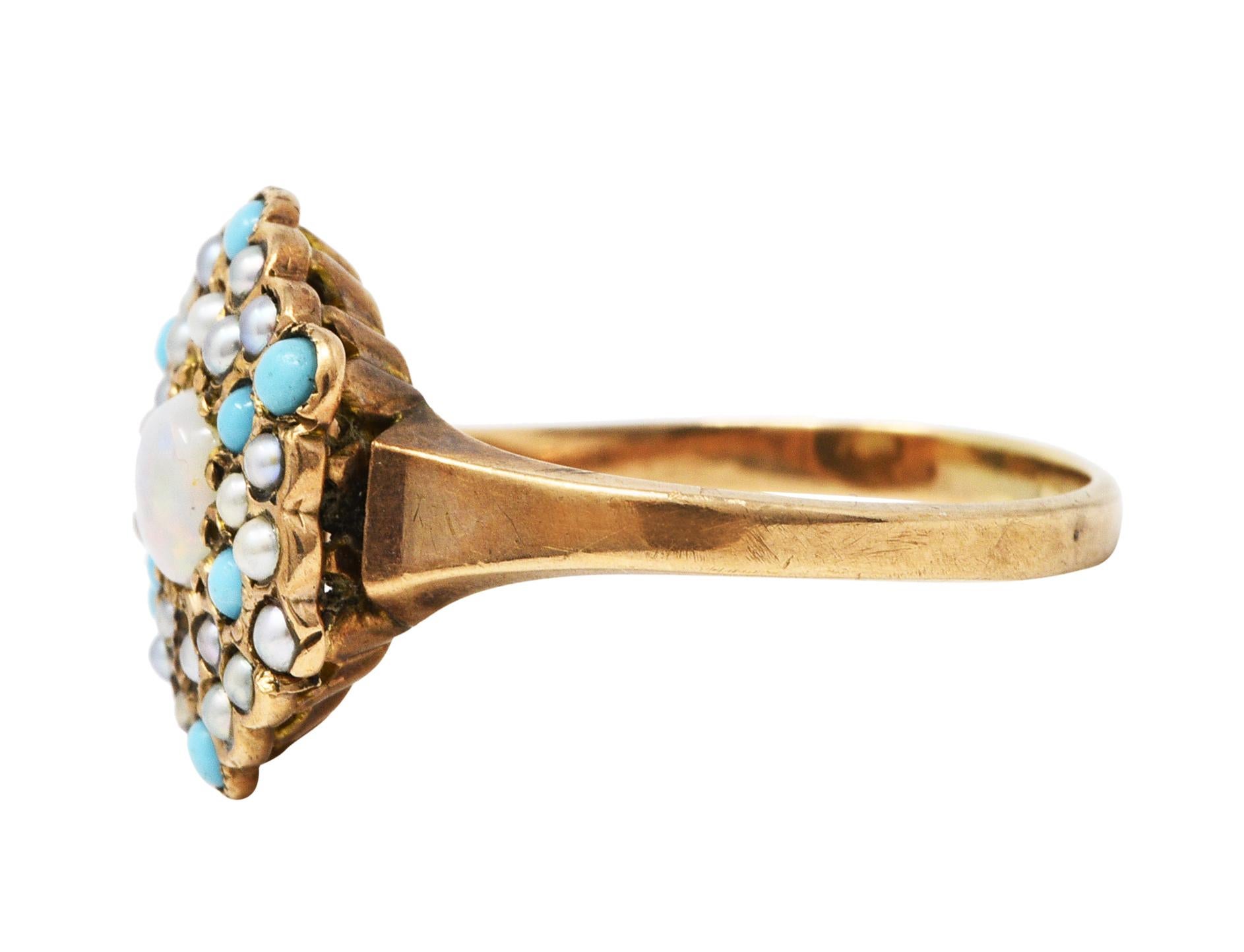 Victorian Opal Turquoise Seed Pearl 14 Karat Gold Cluster Ring In Excellent Condition In Philadelphia, PA