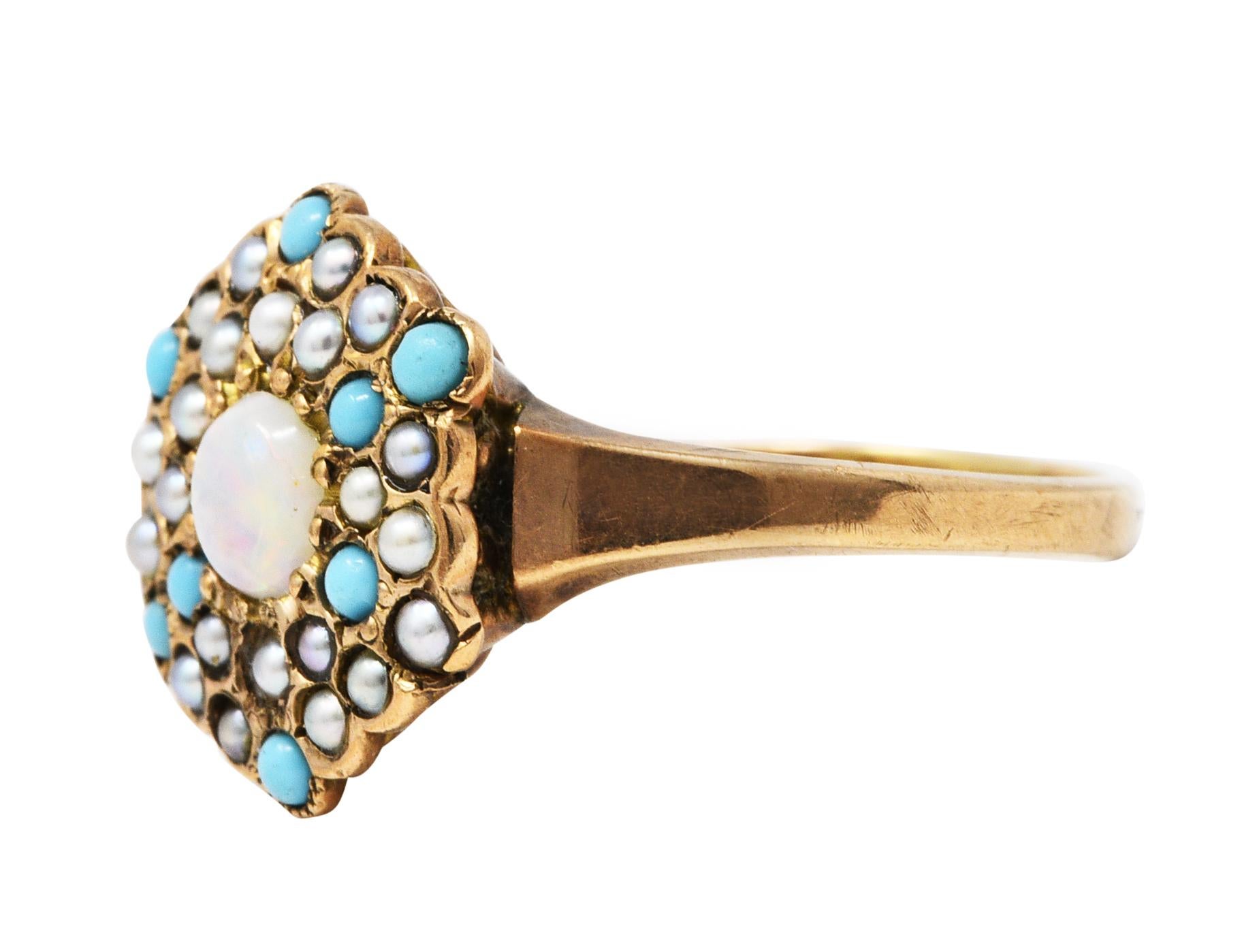 Women's or Men's Victorian Opal Turquoise Seed Pearl 14 Karat Gold Cluster Ring
