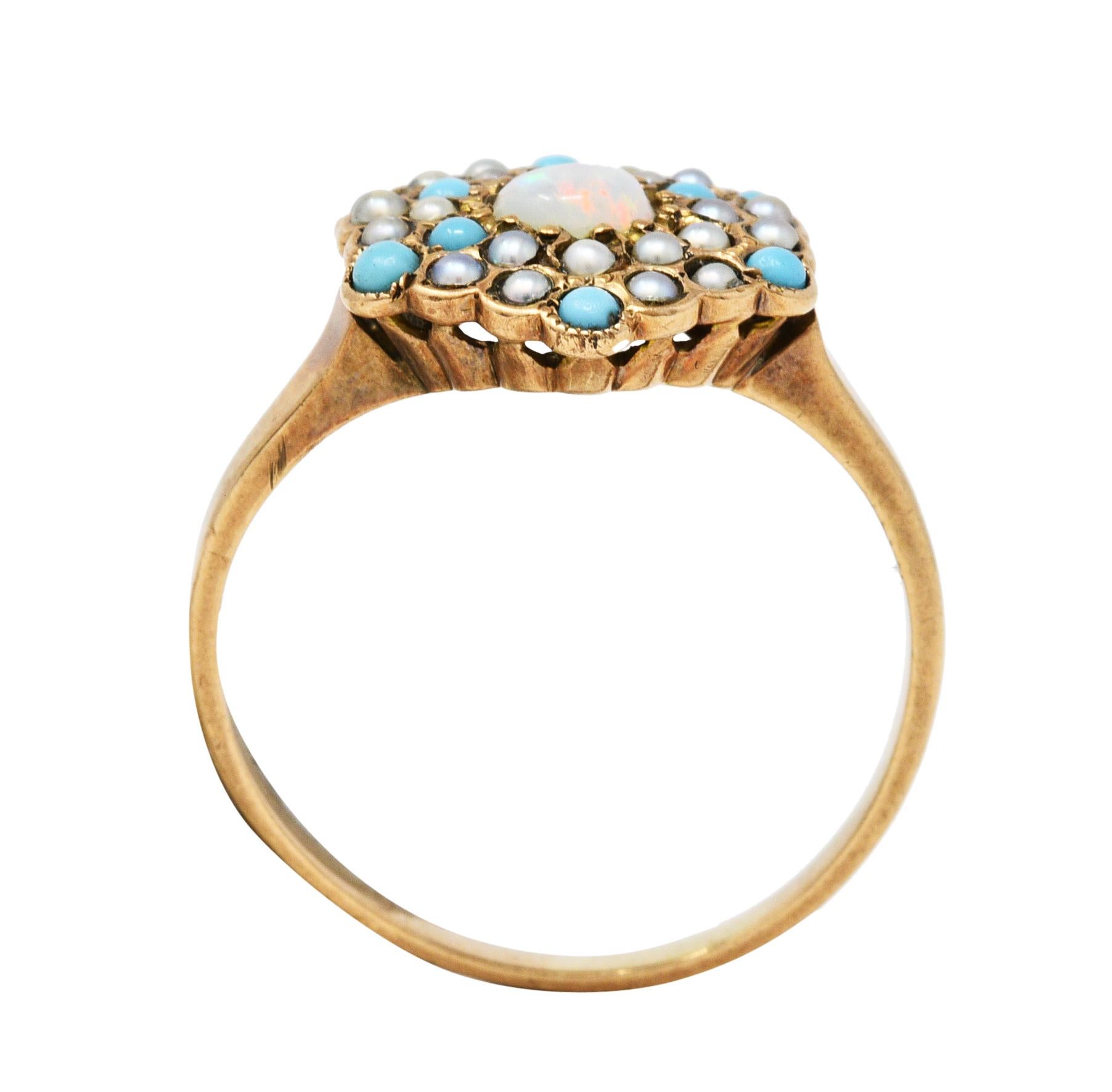 Victorian Opal Turquoise Seed Pearl 14 Karat Gold Cluster Ring 1