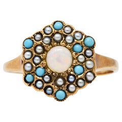 Victorian Opal Turquoise Seed Pearl 14 Karat Gold Cluster Ring
