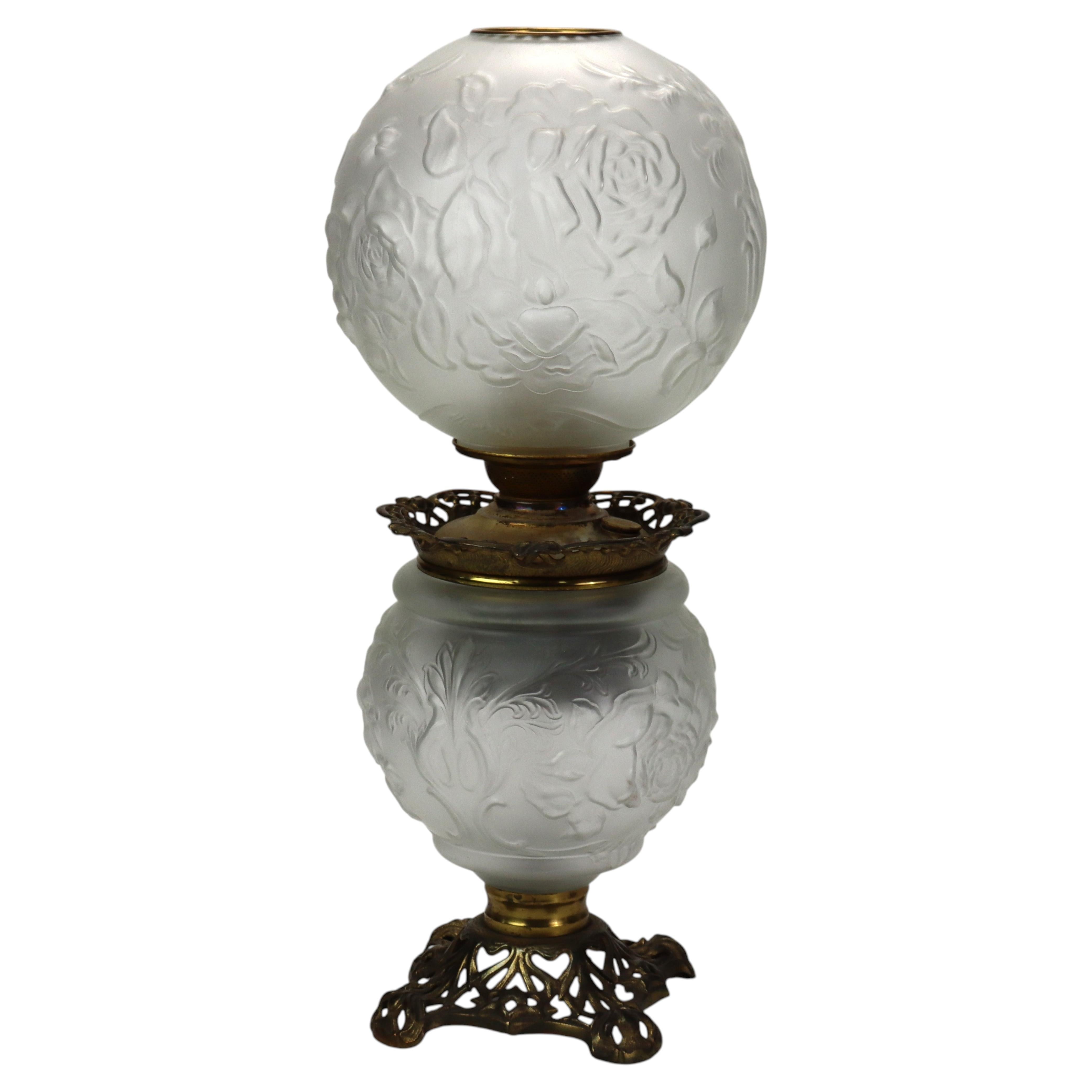 Victorian Opalescent Floral & Foliage Embossed Glass Gone With The Wind Oil Lamp