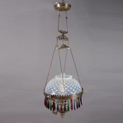 Victorian Opalescent Hobnail Glass and Bronze Electrified Gas Hanging Light