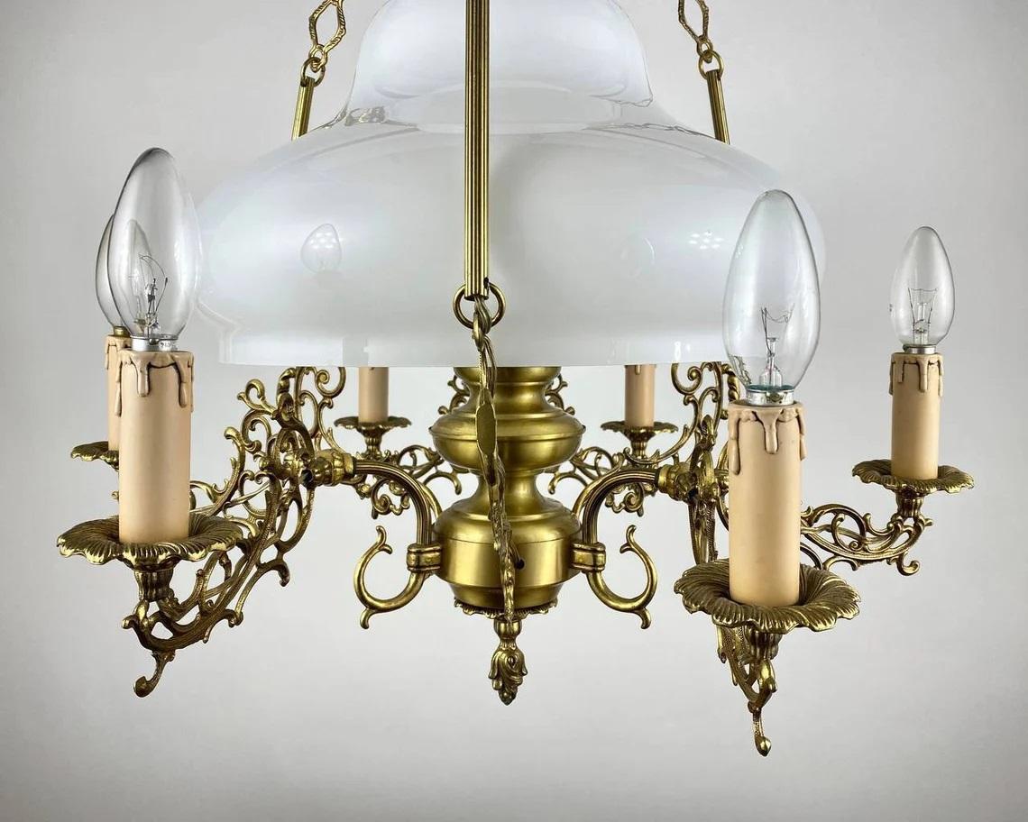 Gilt Victorian Opaline Glass French Chandelier, 1950s For Sale