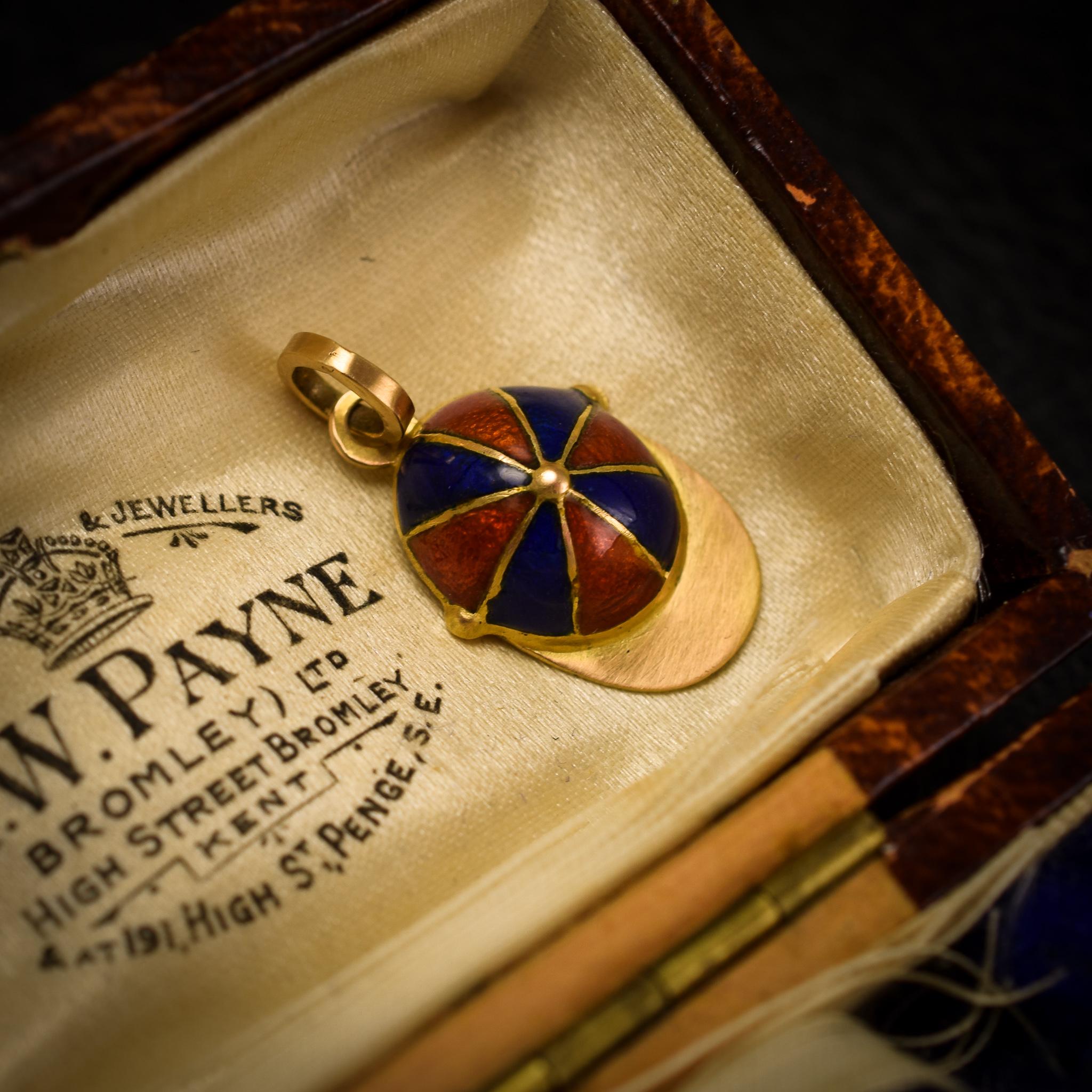 Victorian Orange and Blue Enamel Jockey's Cap Pendant 1