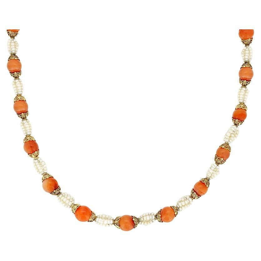 Viktorianische Halskette aus orangefarbenem Chalcedon und Perlen, um 1880