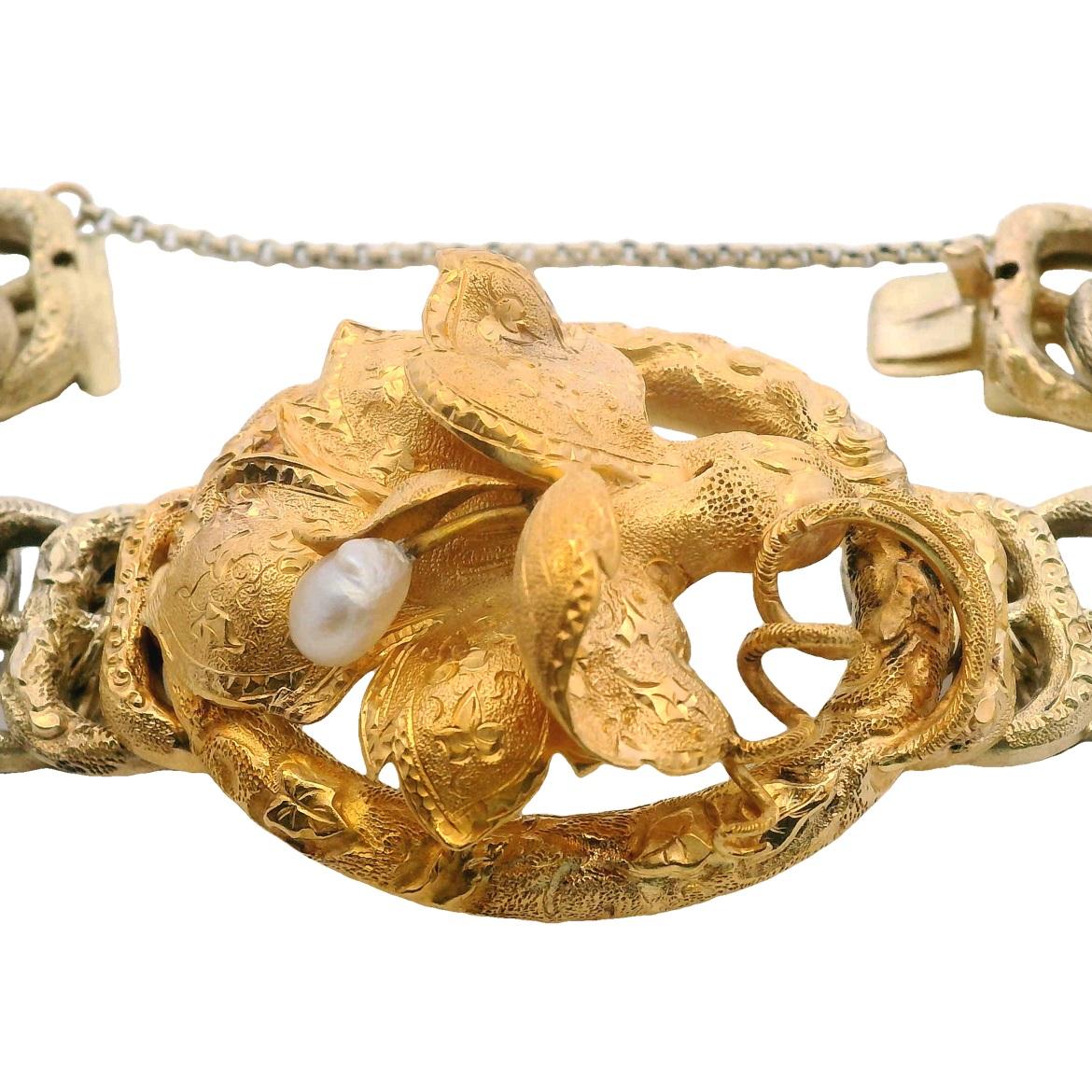 da uomo o donna Bracciale vittoriano con motivo a orchidea in oro giallo e perle A Link in vendita