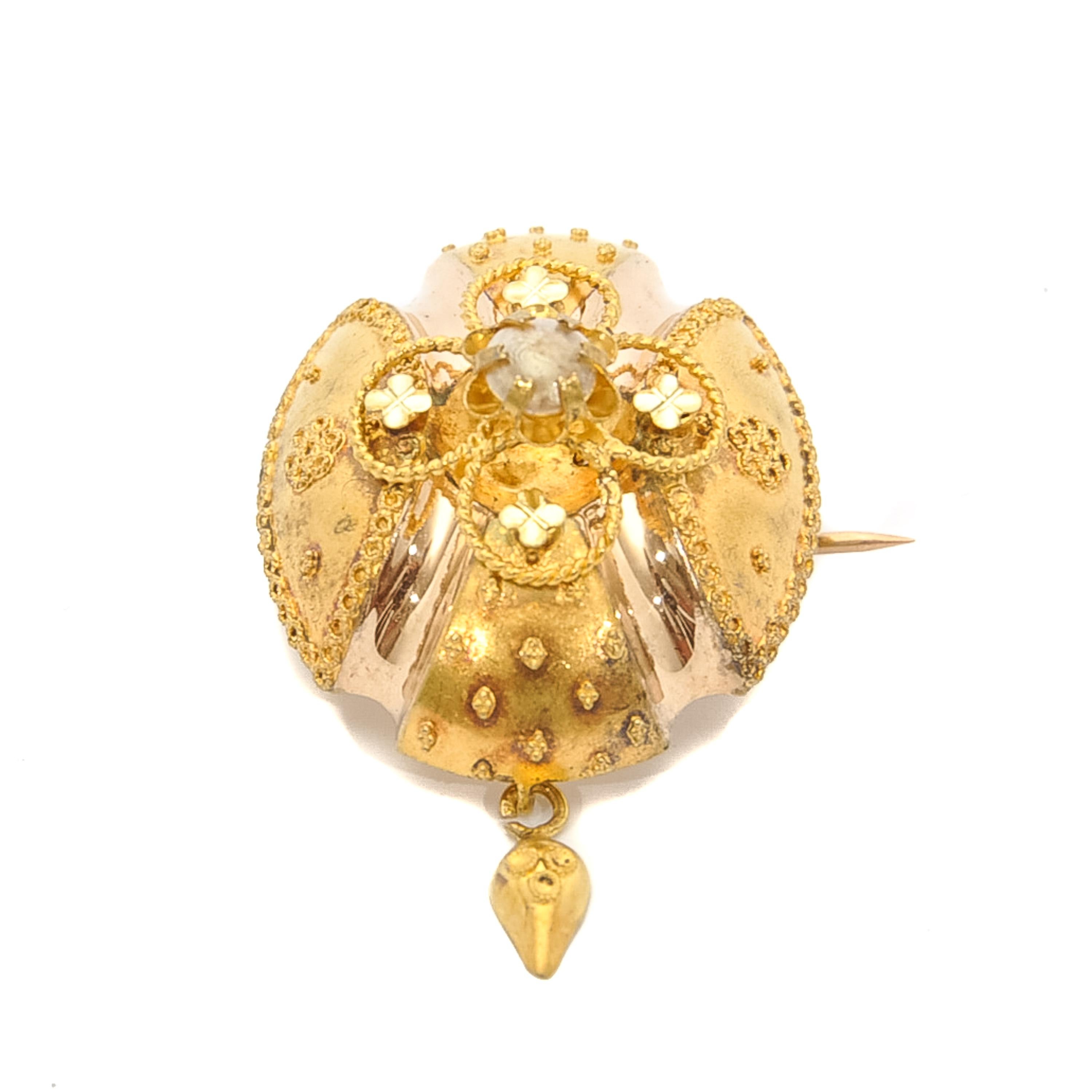 Bead Antique 14 Karat Yellow Gold Pearl Cannetille Brooch For Sale