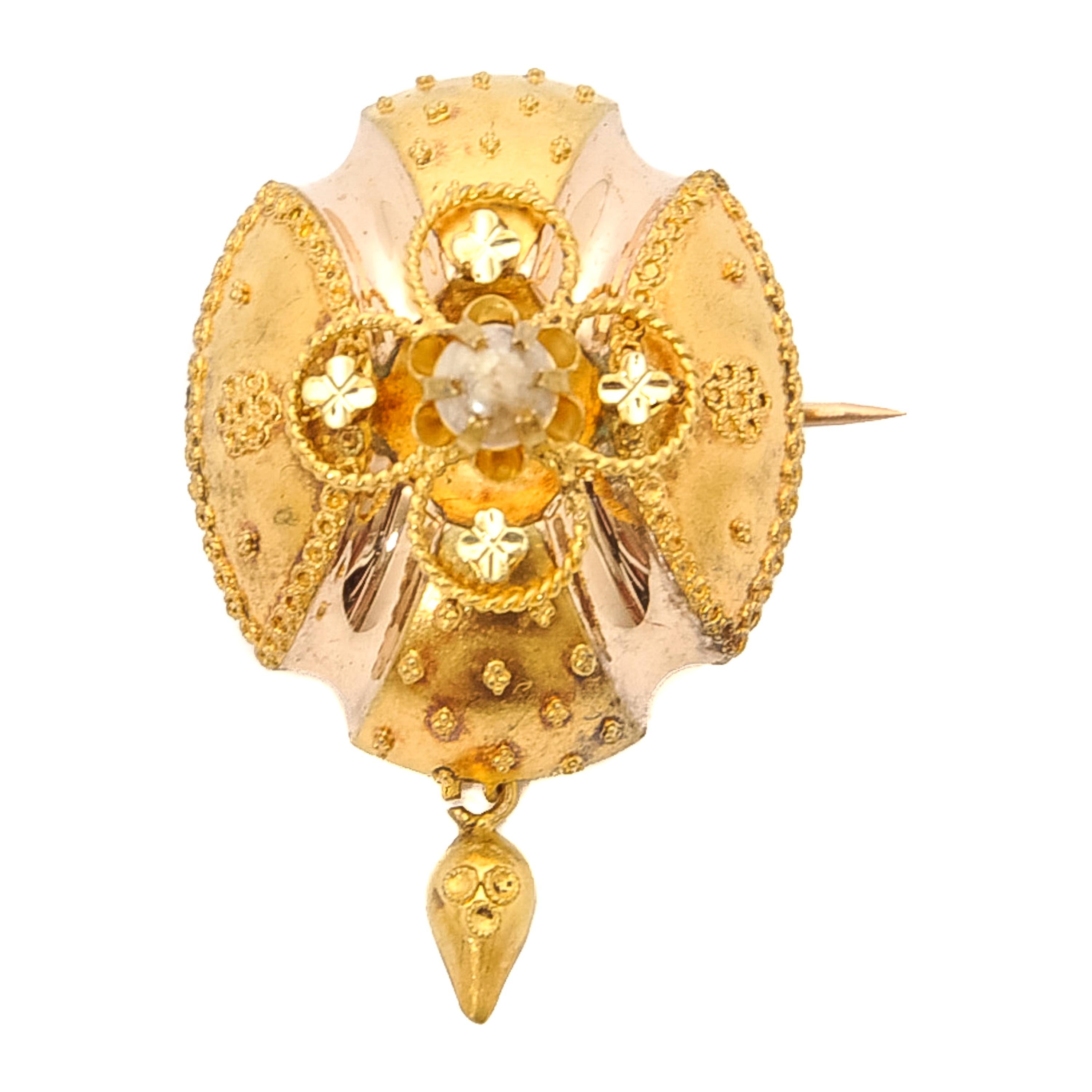 19th Century 14 Karat Yellow Gold Pearl Cannetille Brooch