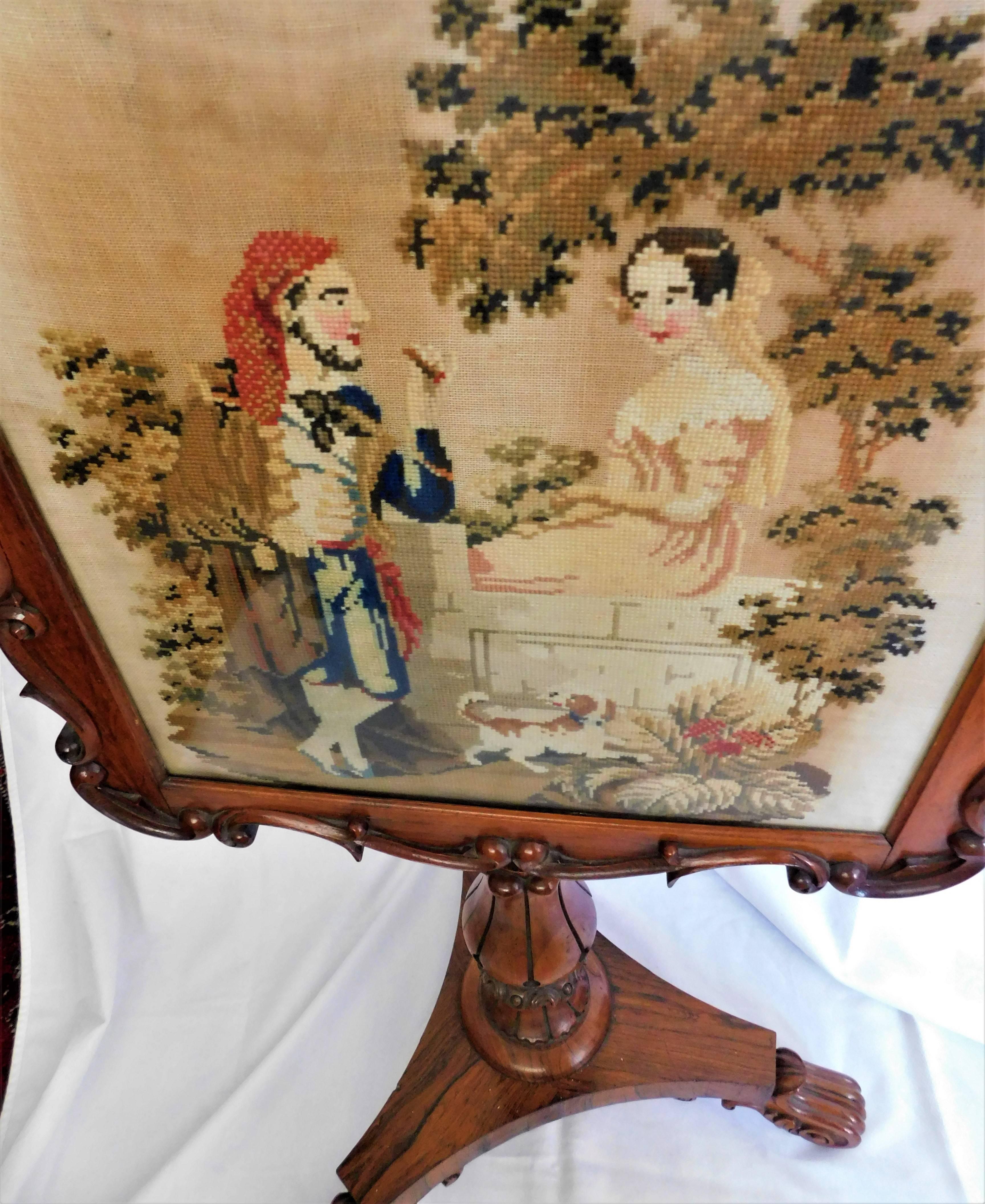 Tapestry Victorian Original Needlepoint Carved Walnut Fire Screen