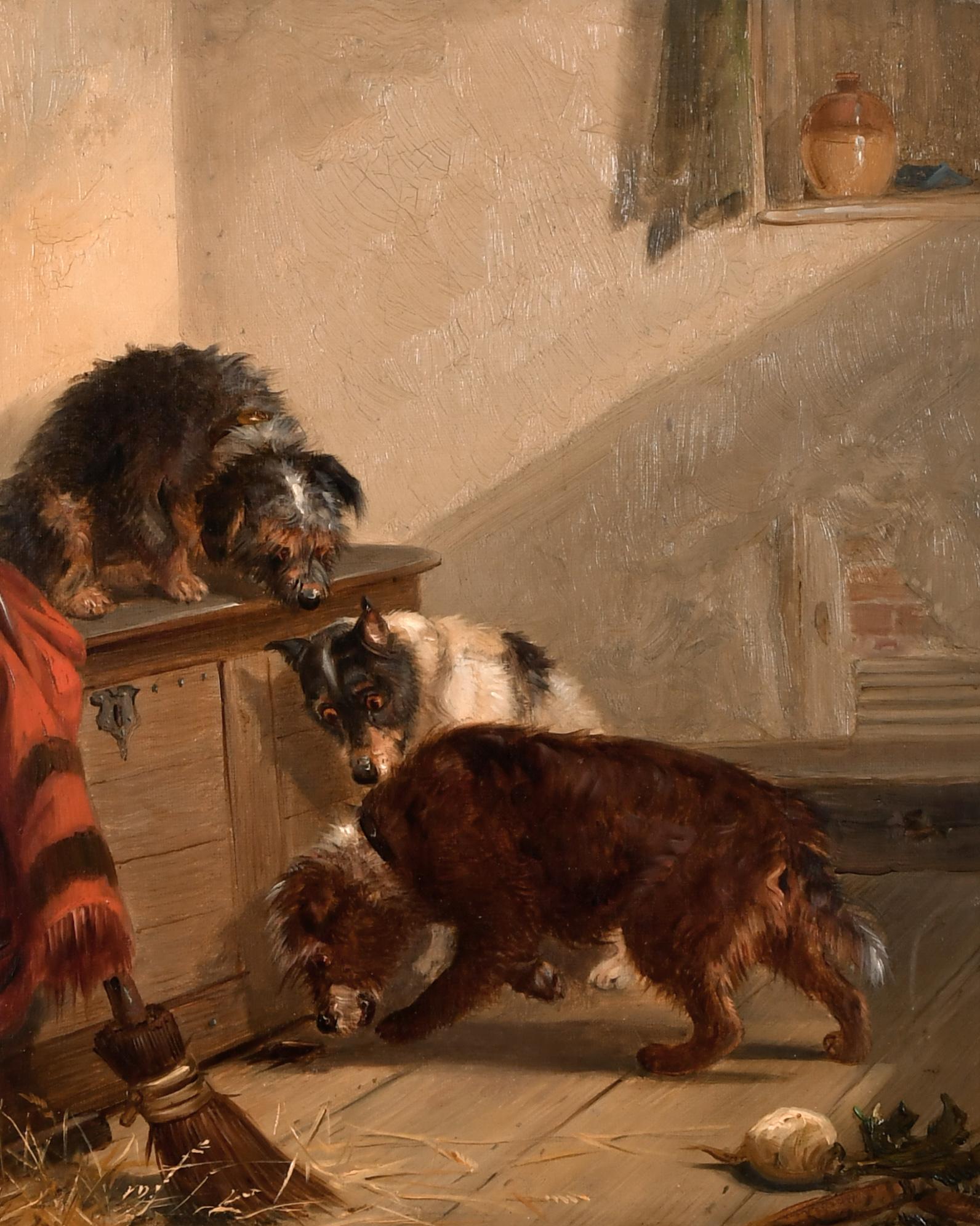 Victorian original Animal Painting - Fine Victorian British Dog Painting Terriers in Barn on the Scent Beautiful Work