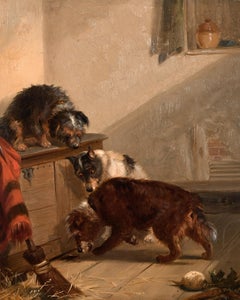 Fine Victorian British Dog Painting Terriers in Barn on the Scent Beautiful Work
