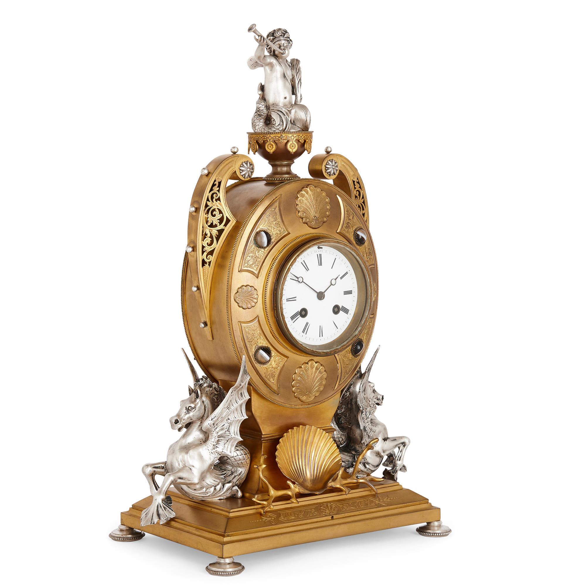 Victorian Ormolu and silvered bronze mantel clock
English, 1871
Measures: Height 50cm, width 36cm, depth 19cm

The clock is a fine work in silvered and gilt bronze and features outstanding decorative detailing throughout. In particular, the