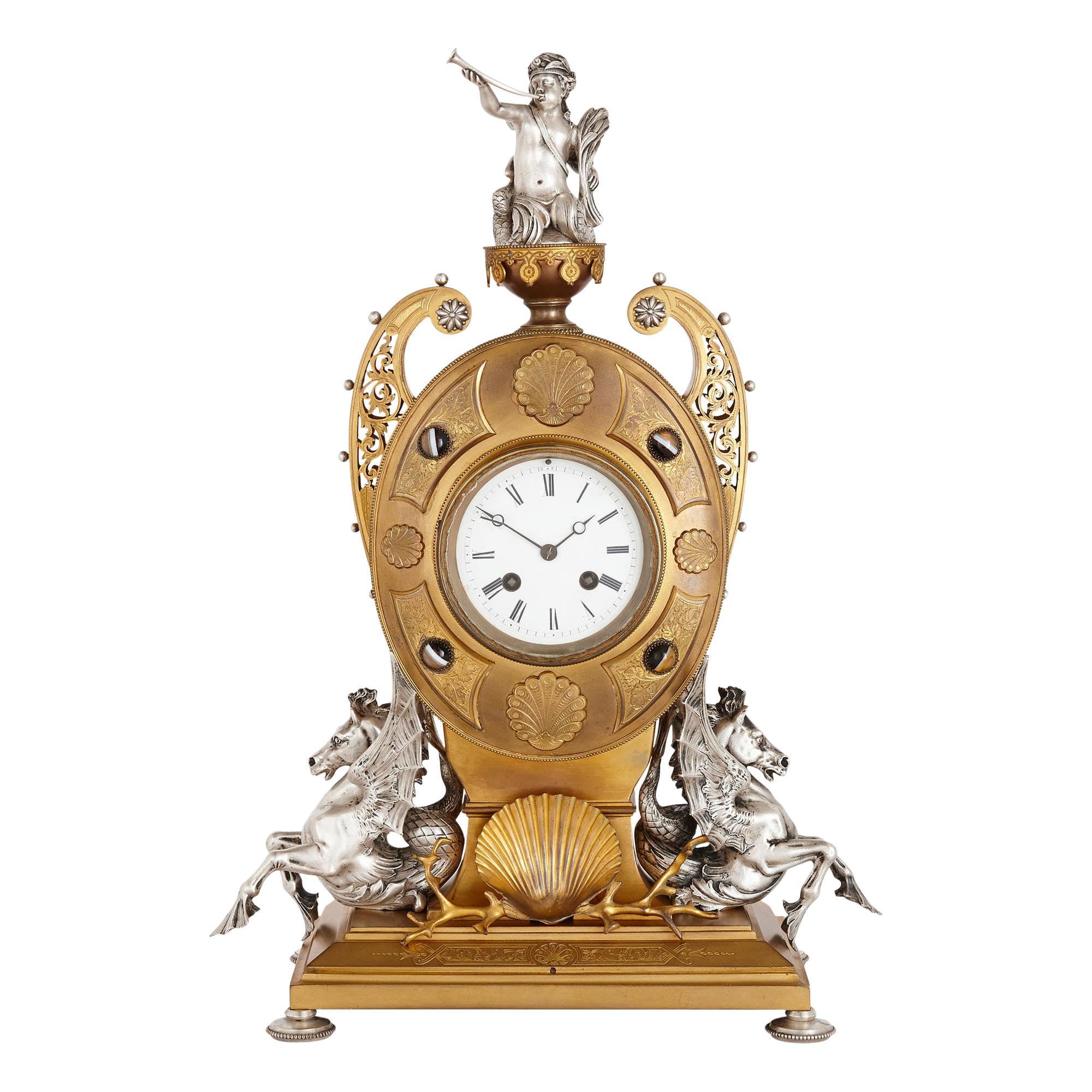 Reloj de chimenea victoriano de bronce plateado y ormolu