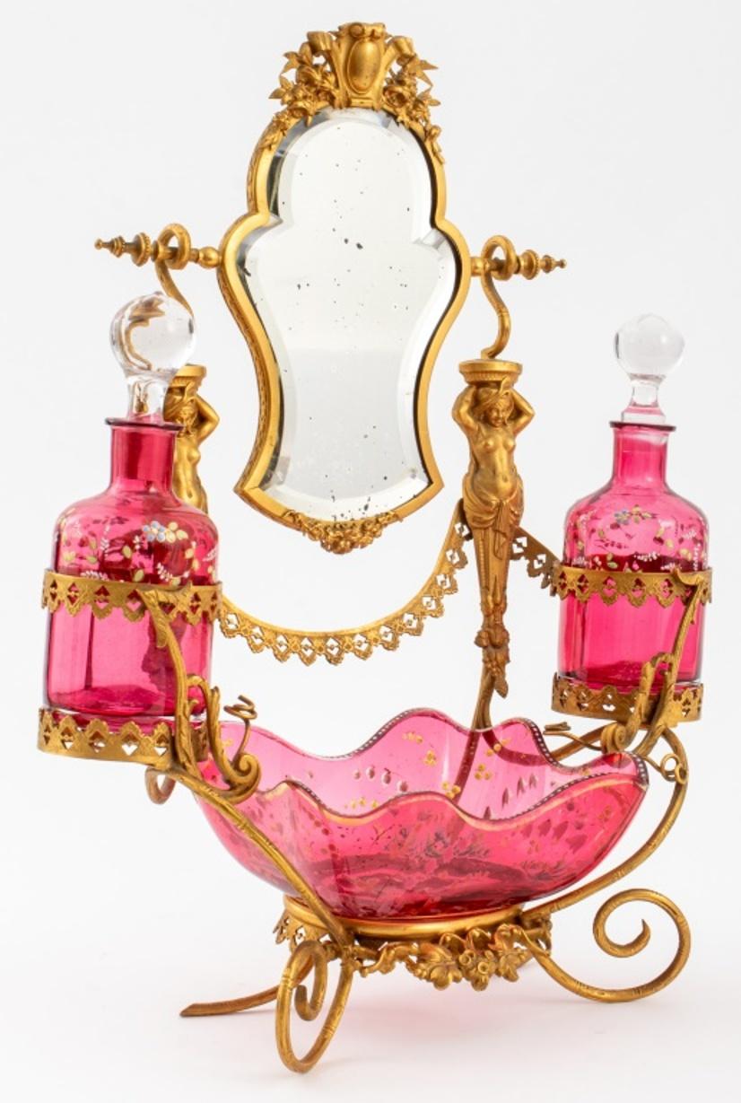 Victorian Ormolu & Enameled Rose Glass Toilet Set In Good Condition In New York, NY