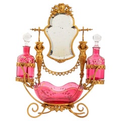 Antique Victorian Ormolu & Enameled Rose Glass Toilet Set