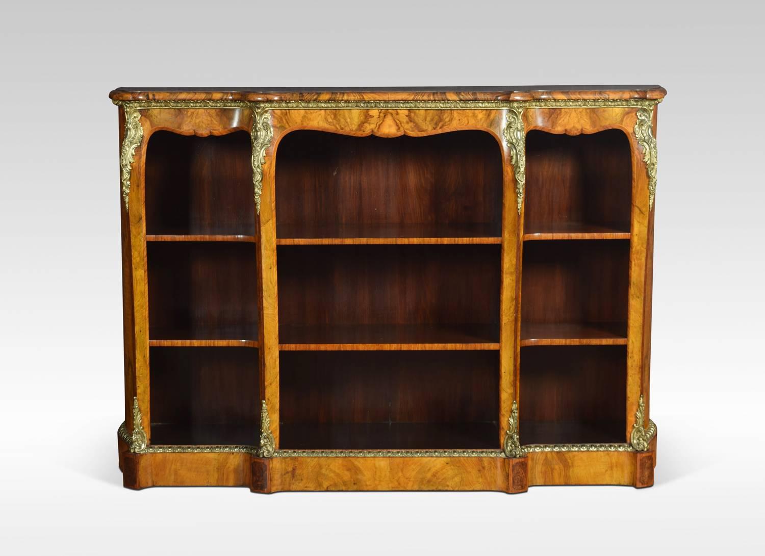 English Victorian Ormolu-Mounted Walnut Breakfront Open Bookcase