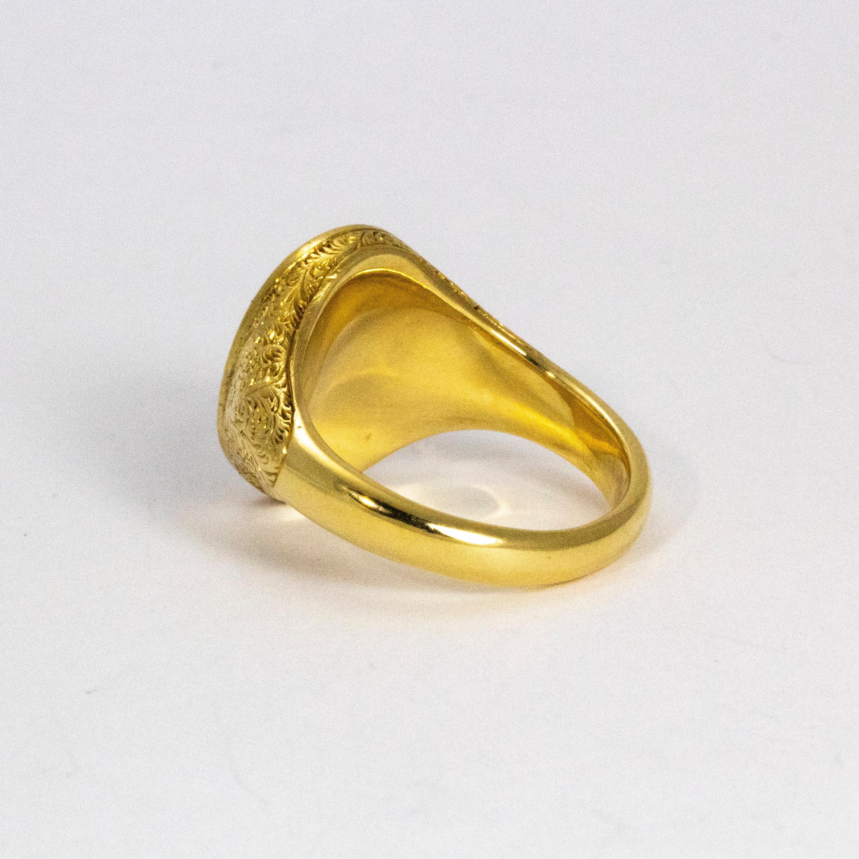 Victorian Ornate 18 Karat Gold Lapis Signet Ring In Good Condition In Chipping Campden, GB