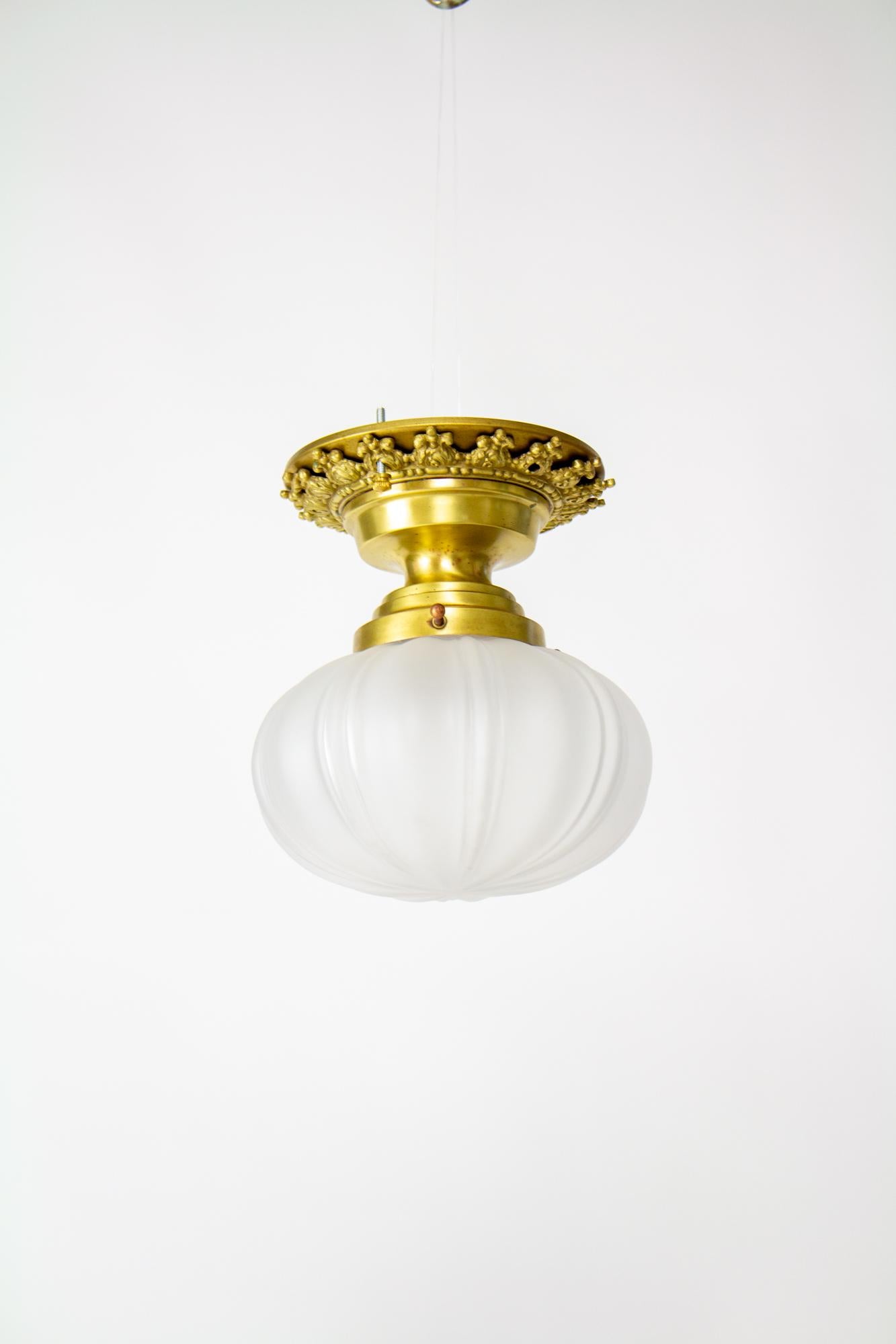American Victorian Ornate Flush Mount with Onion Glass For Sale