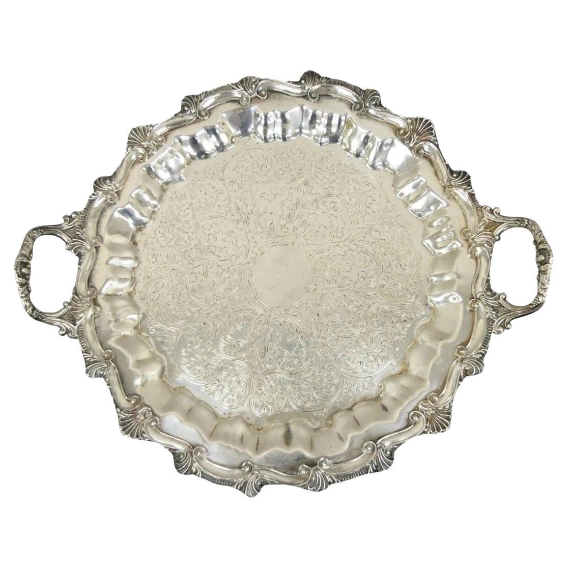Victorian Ornate Silver Plated Twin Handle Scalloped Bar Serving Platter Tray