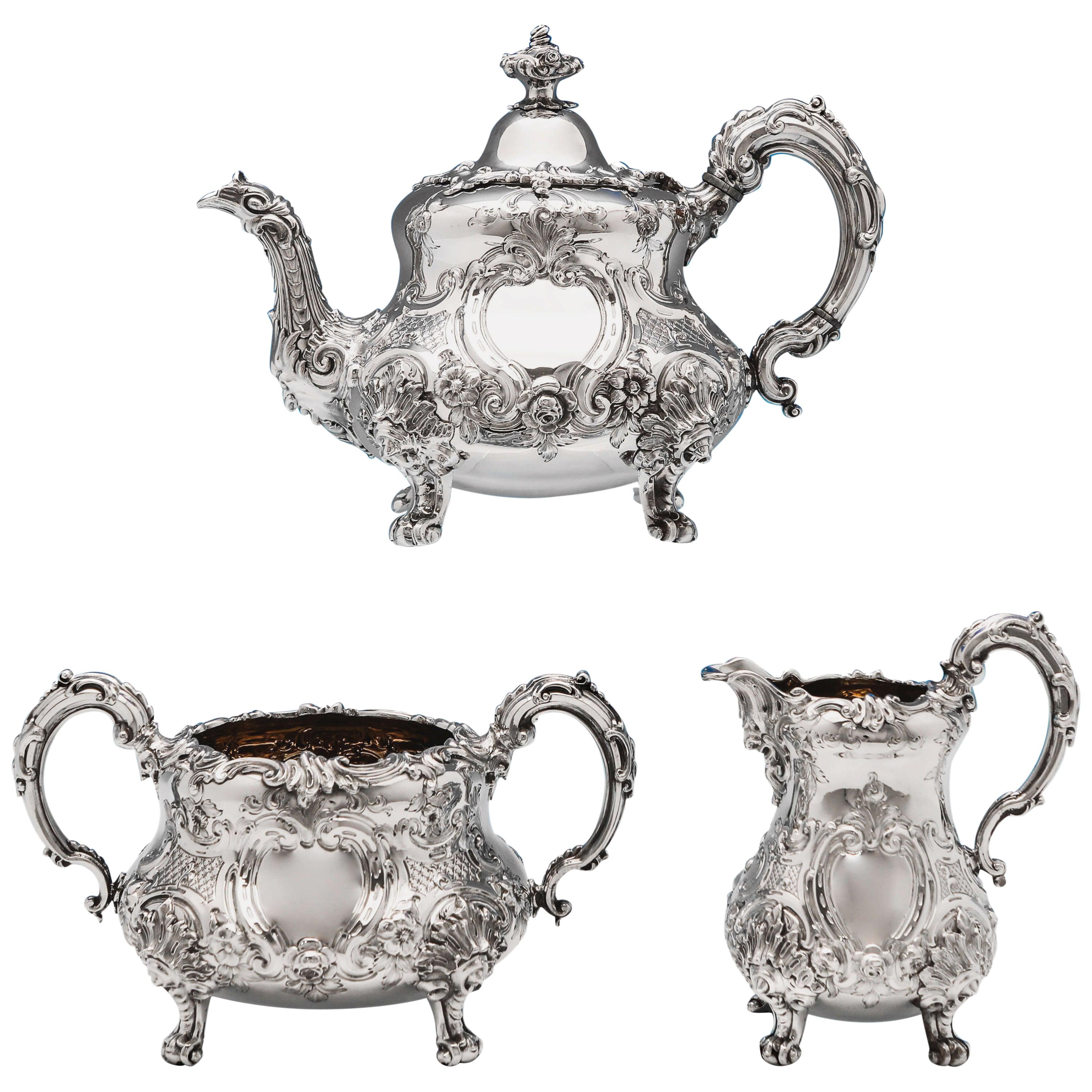 Victorian Ornate Sterling Silver Three-Piece Tea Set by Barnards London, 1855