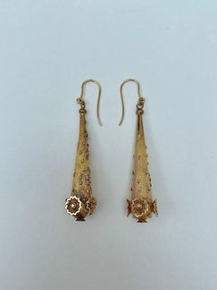Victorian Ornate Yellow Gold Long Dangle Floral Earrings