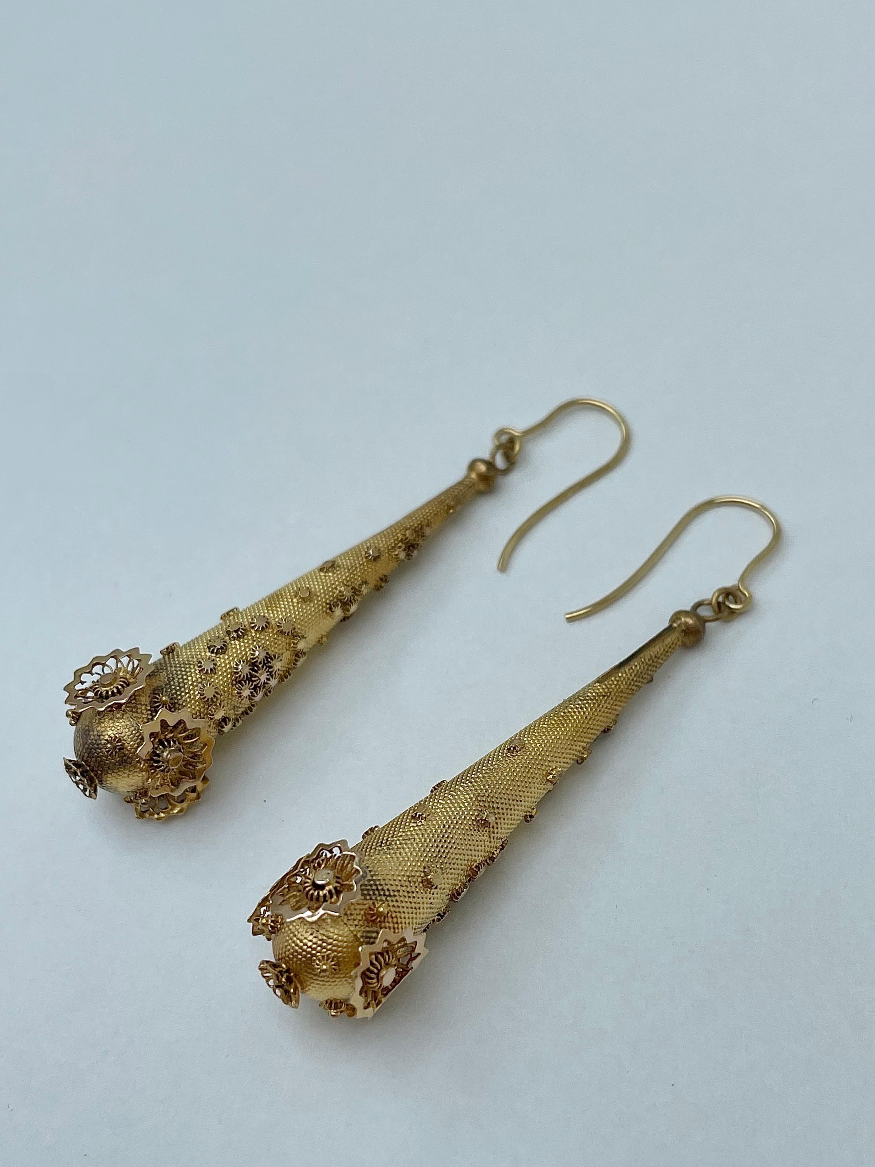 Bead Victorian Ornate Yellow Gold Long Dangle Floral Earrings  For Sale
