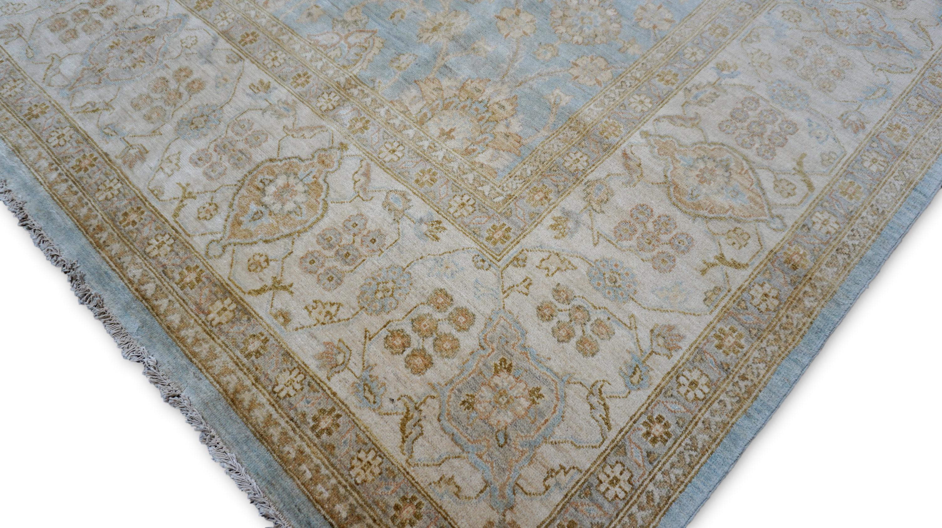 Viktorianischer Oushak Lt-Wollteppich in Blau, Elfenbein und Hellbraun 9'x16' (Pakistanisch) im Angebot