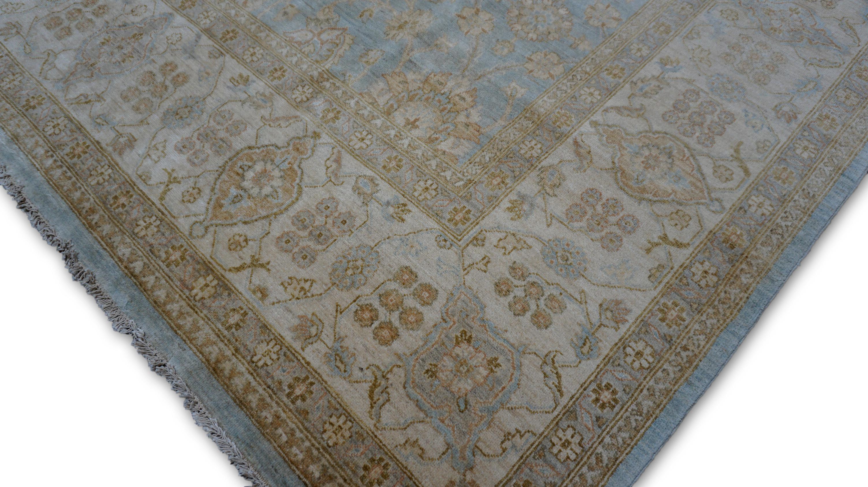 Viktorianischer Oushak Lt-Wollteppich in Blau, Elfenbein und Hellbraun 9'x16' (21. Jahrhundert und zeitgenössisch) im Angebot