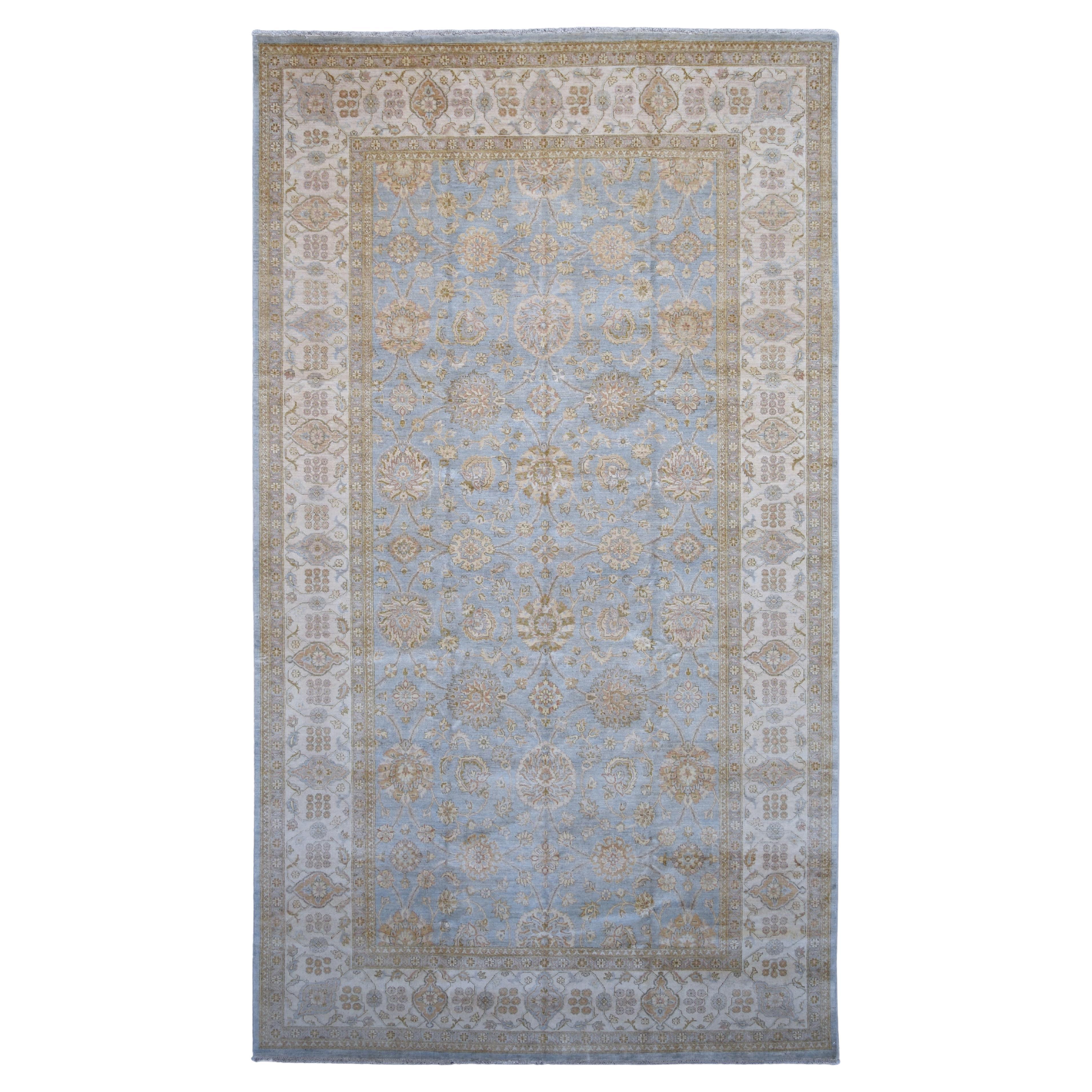 Viktorianischer Oushak Lt-Wollteppich in Blau, Elfenbein und Hellbraun 9'x16'