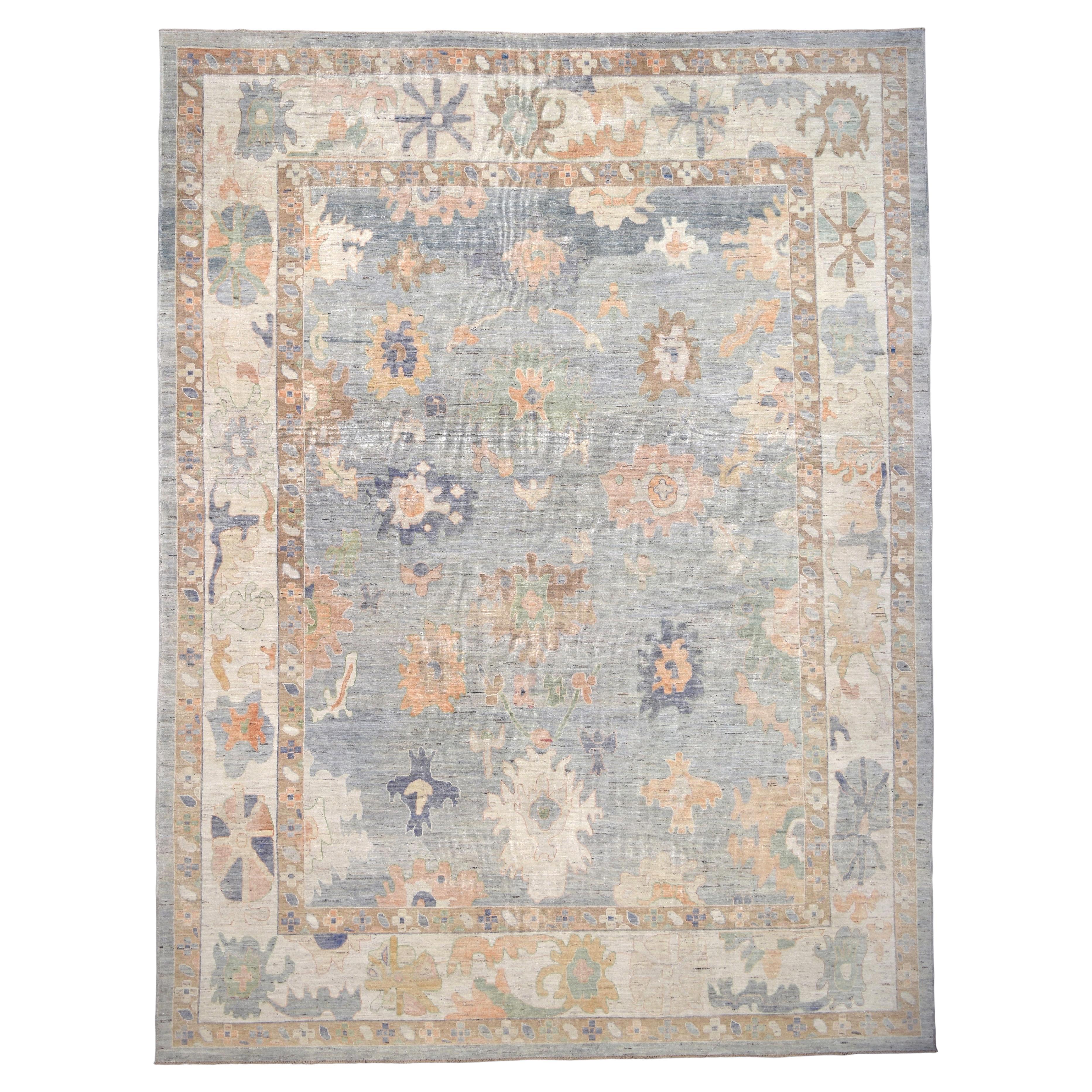 Viktorianischer weicher pastellfarbener Wollteppich mit Oushak-Muster 13'3''x17'8'' im Angebot