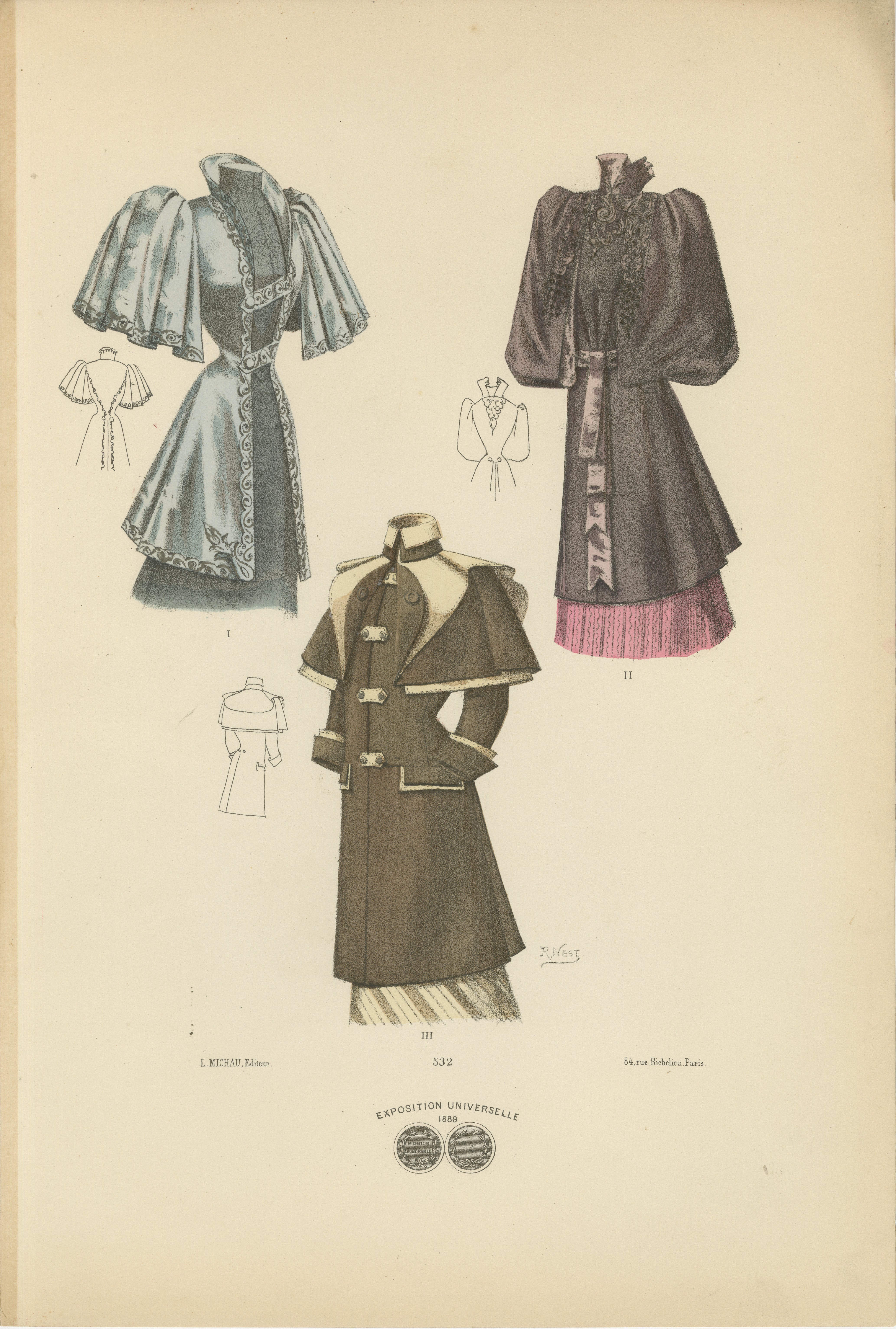 This lithograph showcases three distinct outerwear designs from 1889, representing the diverse and fashionable choices available for women during the late Victorian era. Each coat is depicted in detail, highlighting the unique styles and functional
