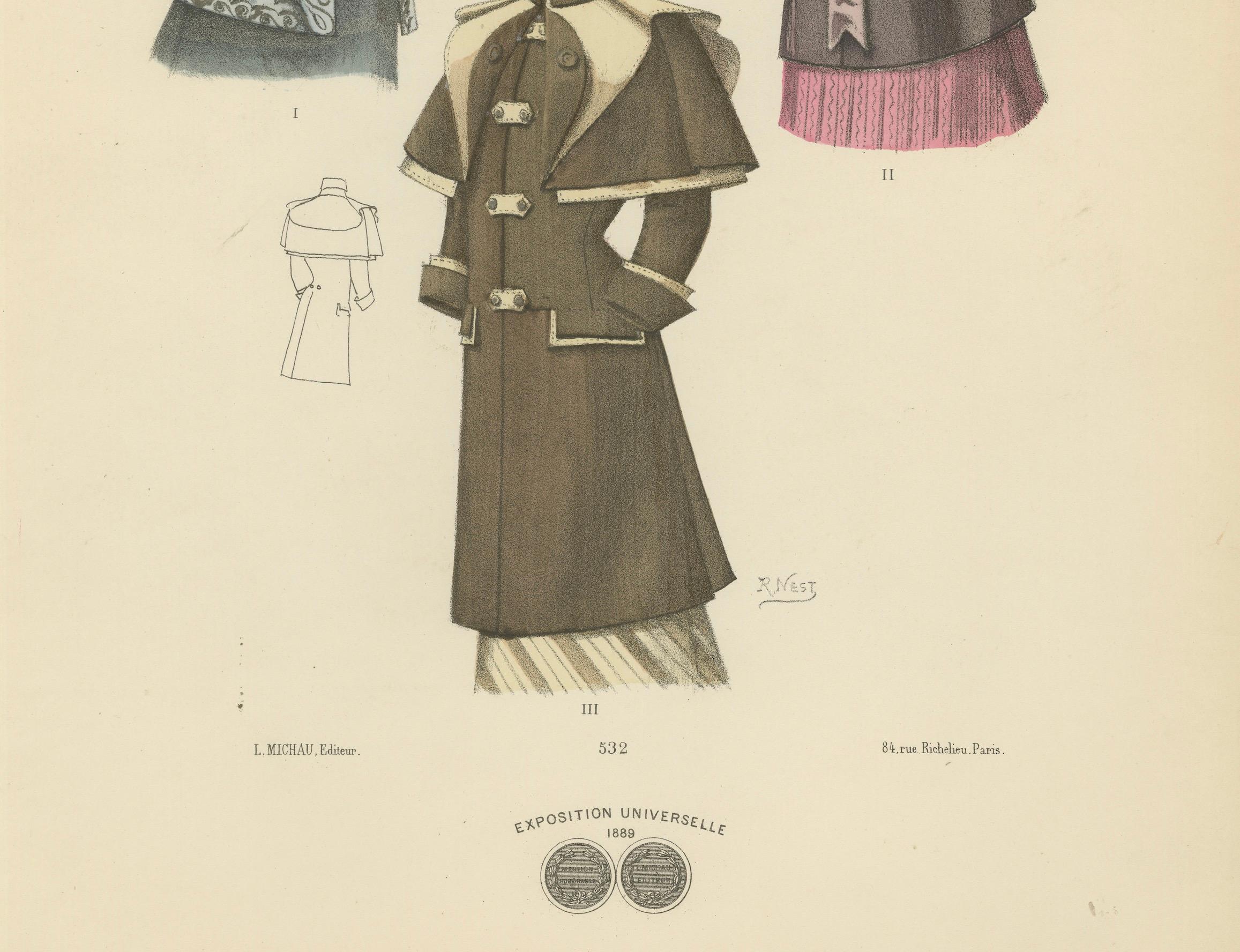Victorian Outerwear: Stylish Coats and Capes in a Lithograph Published in 1889 In Good Condition For Sale In Langweer, NL