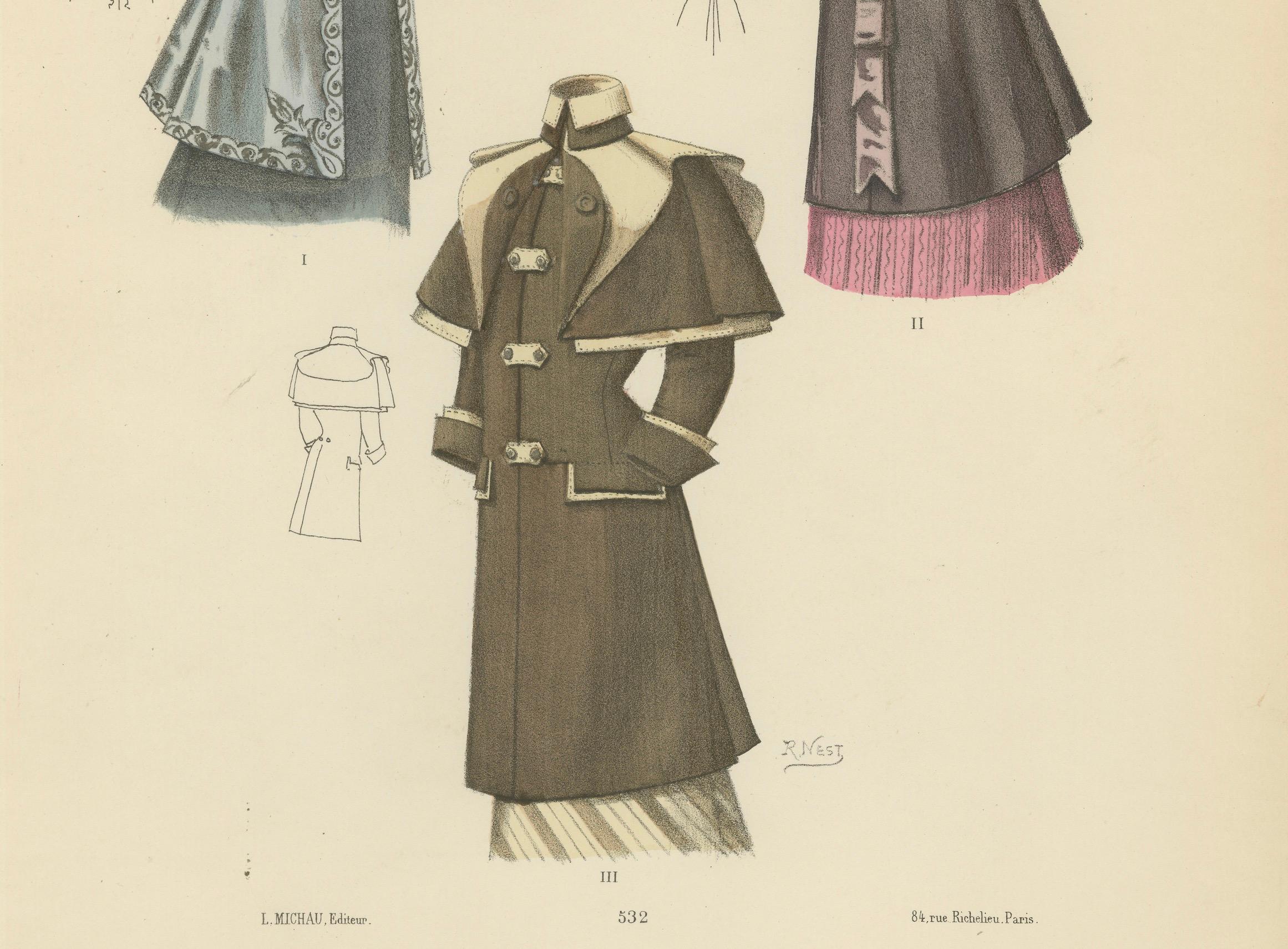 Late 19th Century Victorian Outerwear: Stylish Coats and Capes in a Lithograph Published in 1889 For Sale
