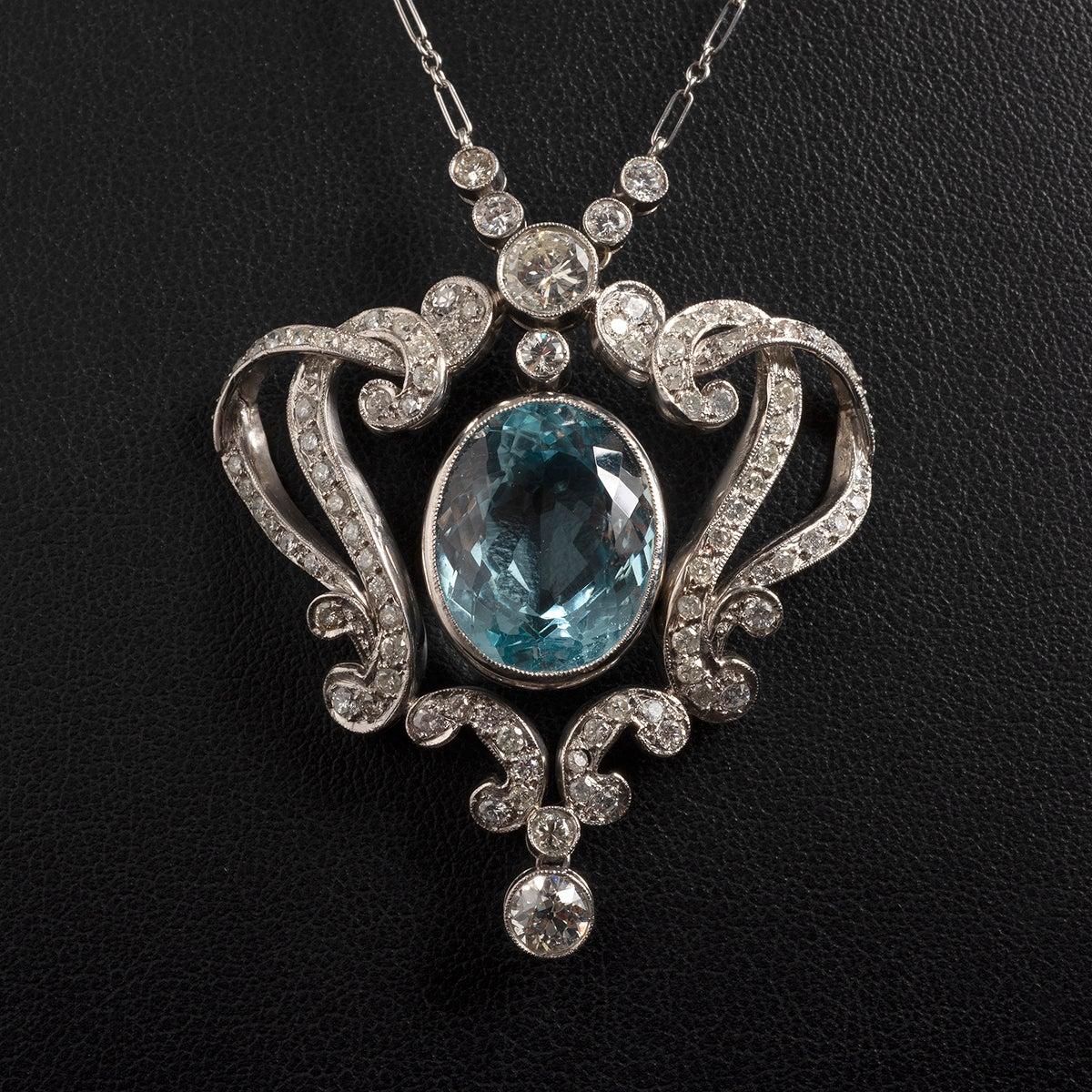 A unique piece within our carefully curated Vintage & Prestige fine jewellery collection, we are delighted to present the following:

Our incredible and noteworthy Victorian oval cut aquamarine (with diamond surround) necklace has the following