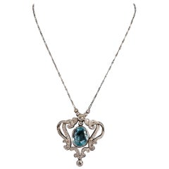 Antique Victorian Oval Cut Aquamarine with Diamond Surround Necklace